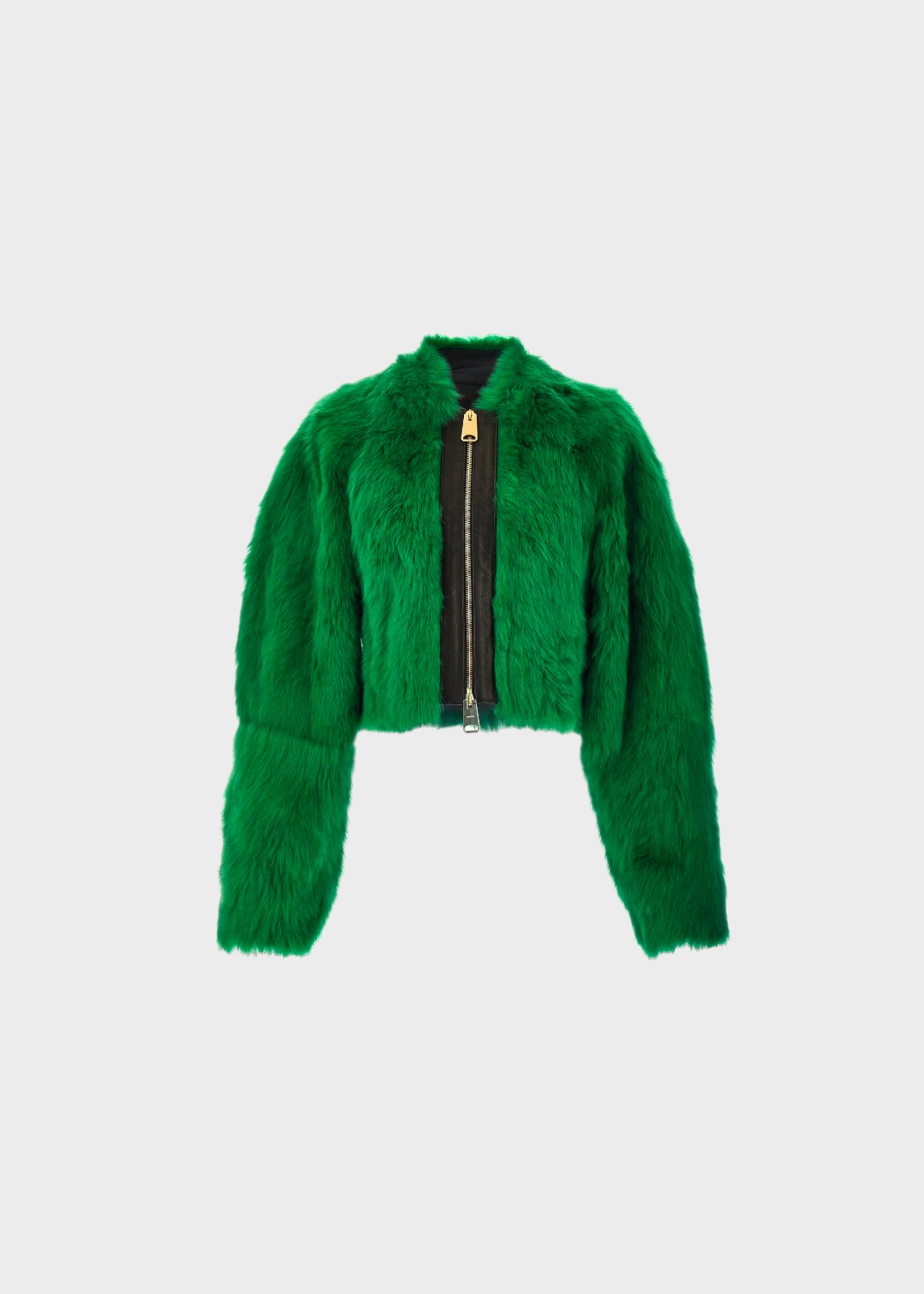 Khaite Khaite Jacket, Green, Gracell Shearling Crew Neck Zipped Up Jacket In Forest Green w/ Wide Sleeves
