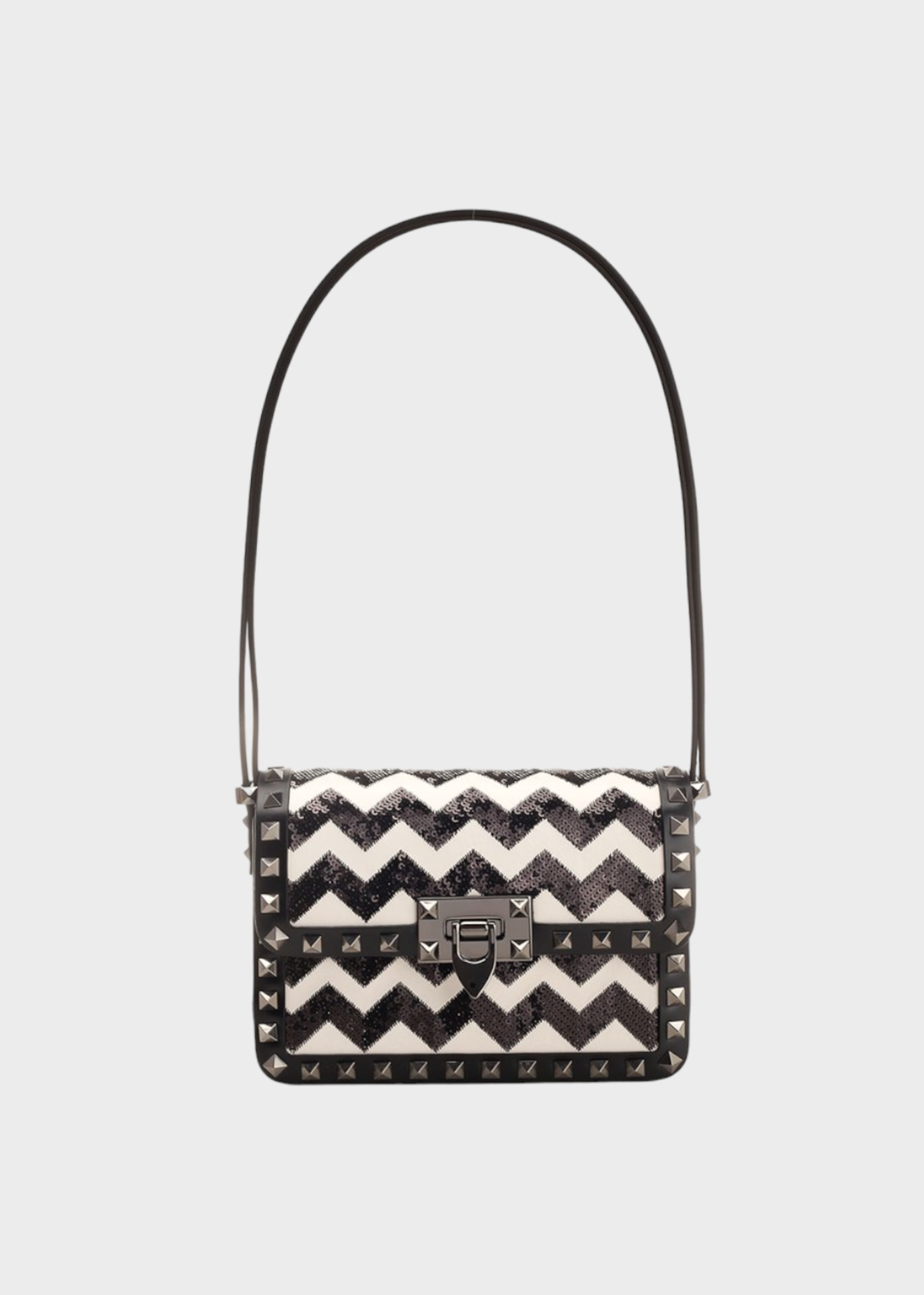 Valentino Valentino Shoulder Bag, Multi, Sequinned Studded Zig Zag Pattern Bag in Black & White