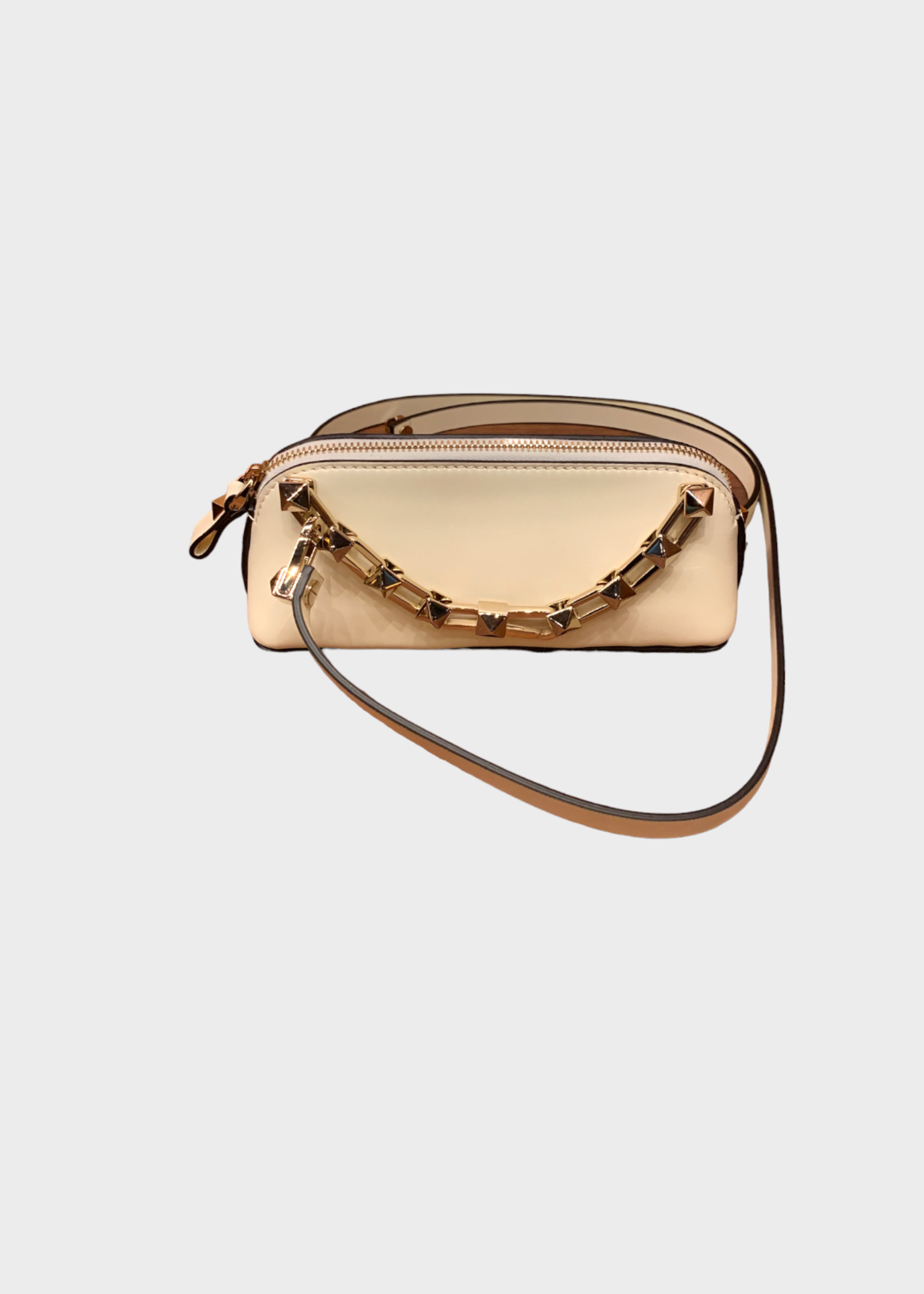 Valentino Valentino Bag, White, Mini Top Zip Closure Clutch Bag w/ Gold Studded Chain Detail