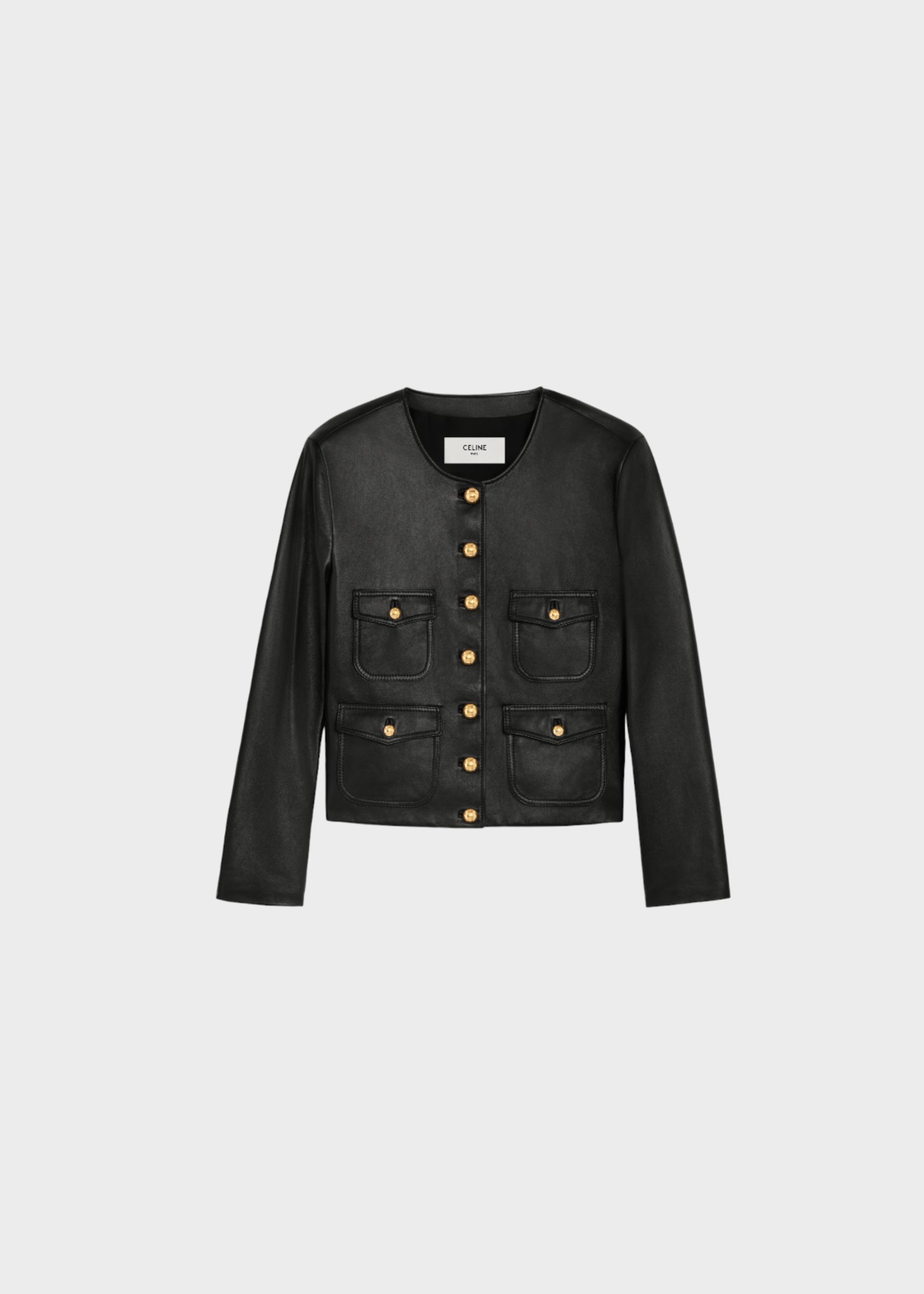 Celine Celine Jacket, Black, Soft Lambskin Round Neck Button Up Cardigan Jacket w/ 4 Pockets