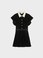 Celine Celine Dress, Black, Velvet Collared Batwing Sleeves Button Up Mini Dress w/ A-Line Skirt