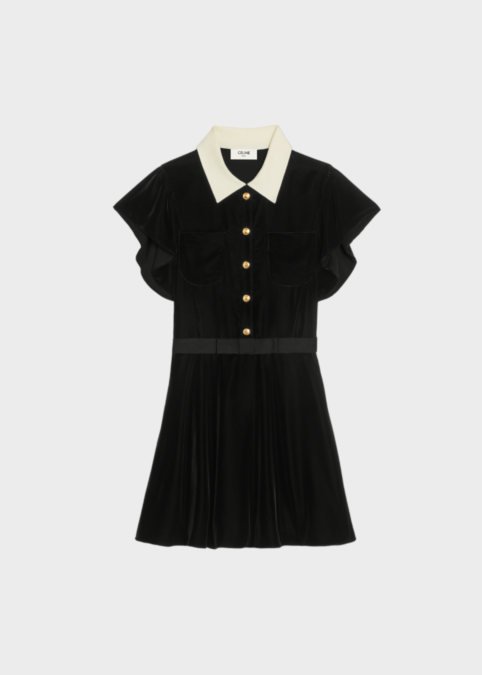 Celine Celine Dress, Black, Velvet Collared Batwing Sleeves Button Up Mini Dress w/ A-Line Skirt
