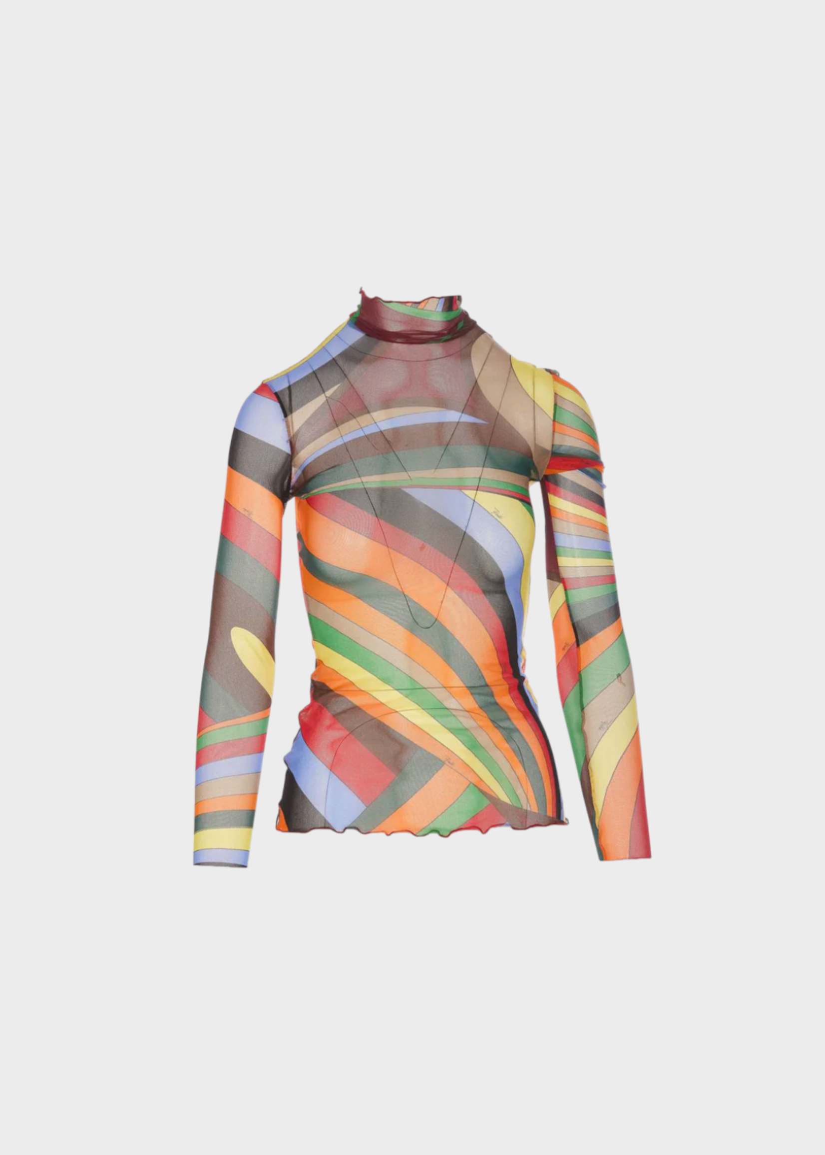 Emilio Pucci Emilio Pucci Top, Multi, Iride High Neck Sheer Transparent T-Shirt in Orange & Green Colour Blocks