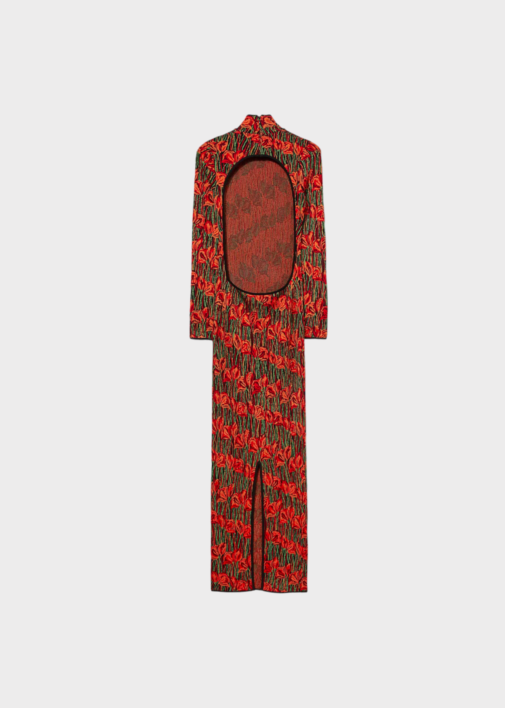 Emilio Pucci Emilio Pucci Dress, Print, High Neck Long Sleeve Jacquard Open Back Long Dress in Orange & Black w/ Lotus Flower Print & Open Back