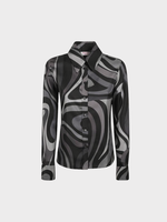 Emilio Pucci Emilio Pucci Shirt, Print, Silk Twill Relaxed Fit Collared Button Up Shirt in Grey & Black w/ Marble Print
