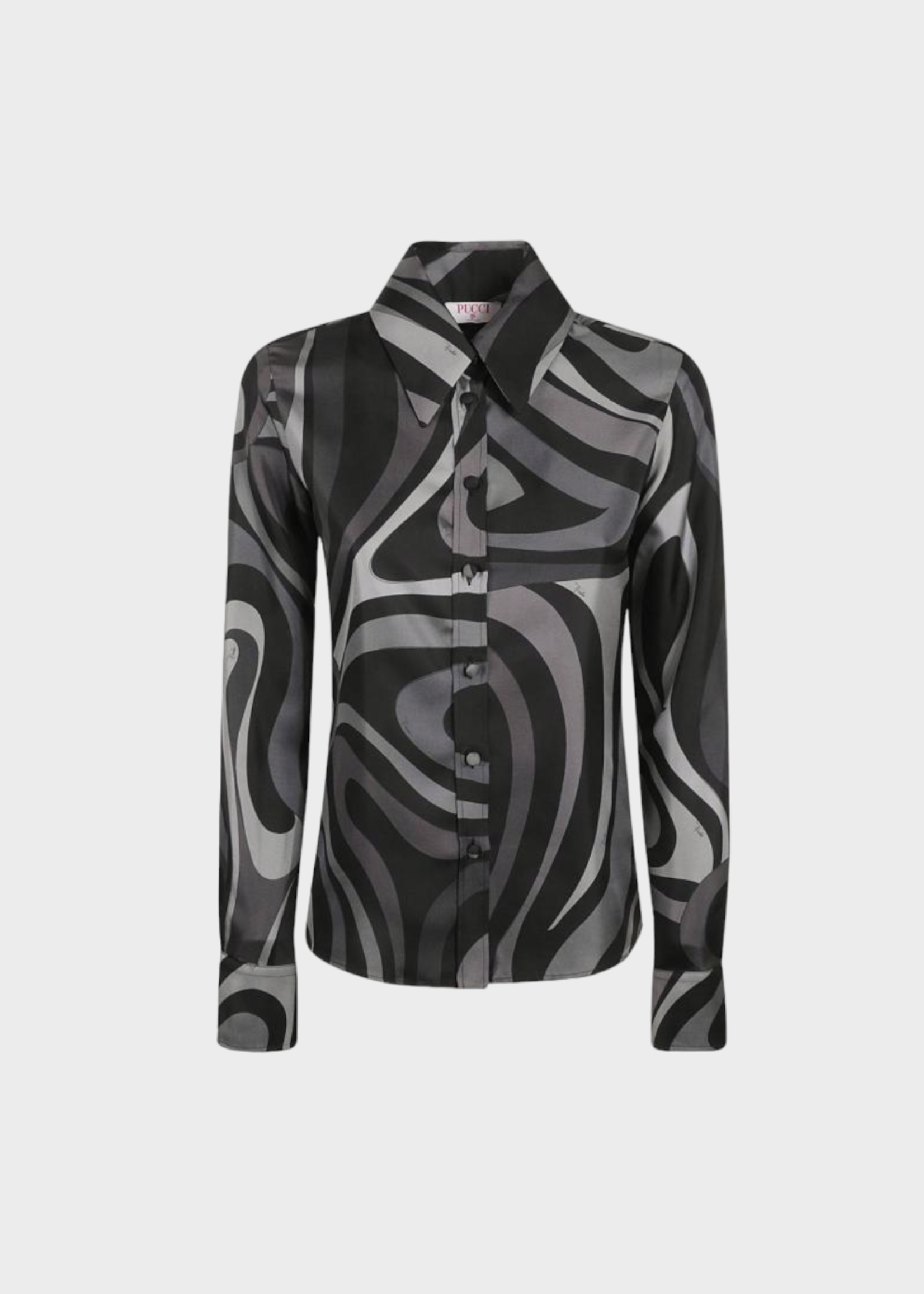 Emilio Pucci Emilio Pucci Shirt, Print, Silk Twill Relaxed Fit Collared Button Up Shirt in Grey & Black w/ Marble Print