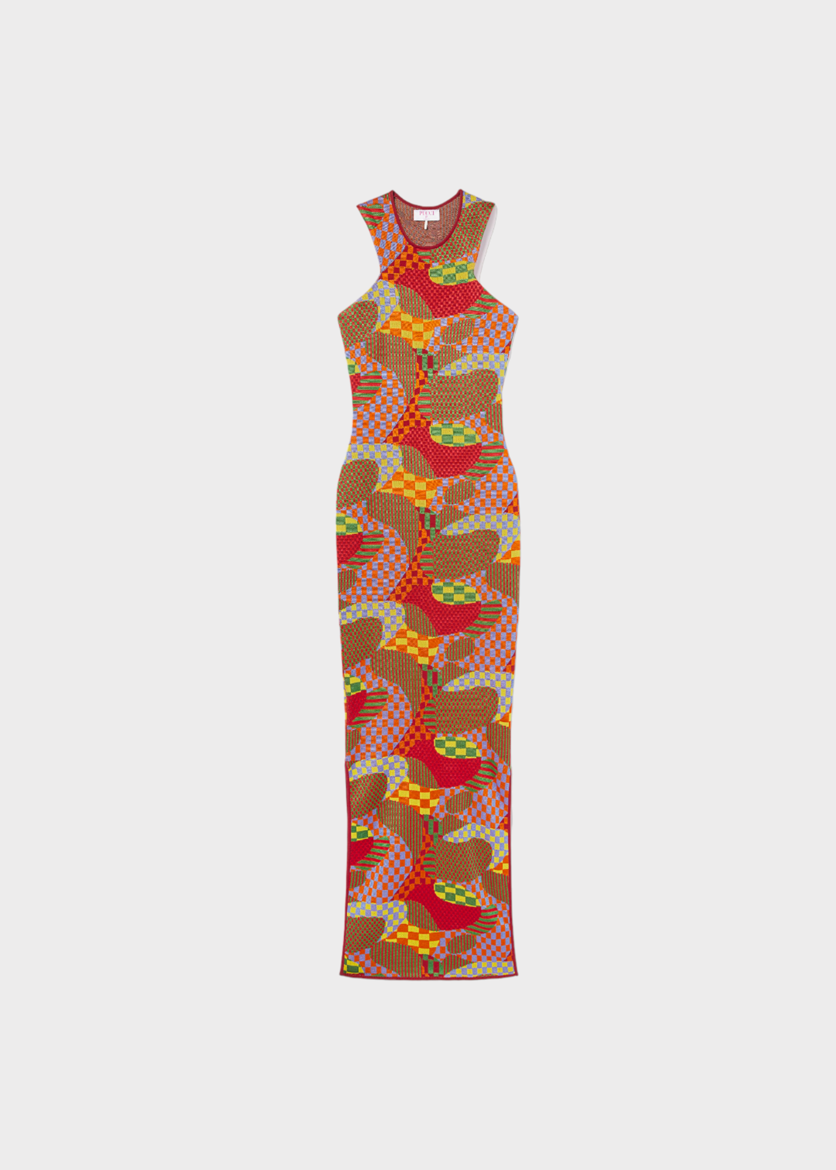 Emilio Pucci Emilio Pucci Dress, Print, Crew Neck Sleeveless Jacquard Long Fitted Pencil Skirt Dress in Green & Orange w/ Garden Print