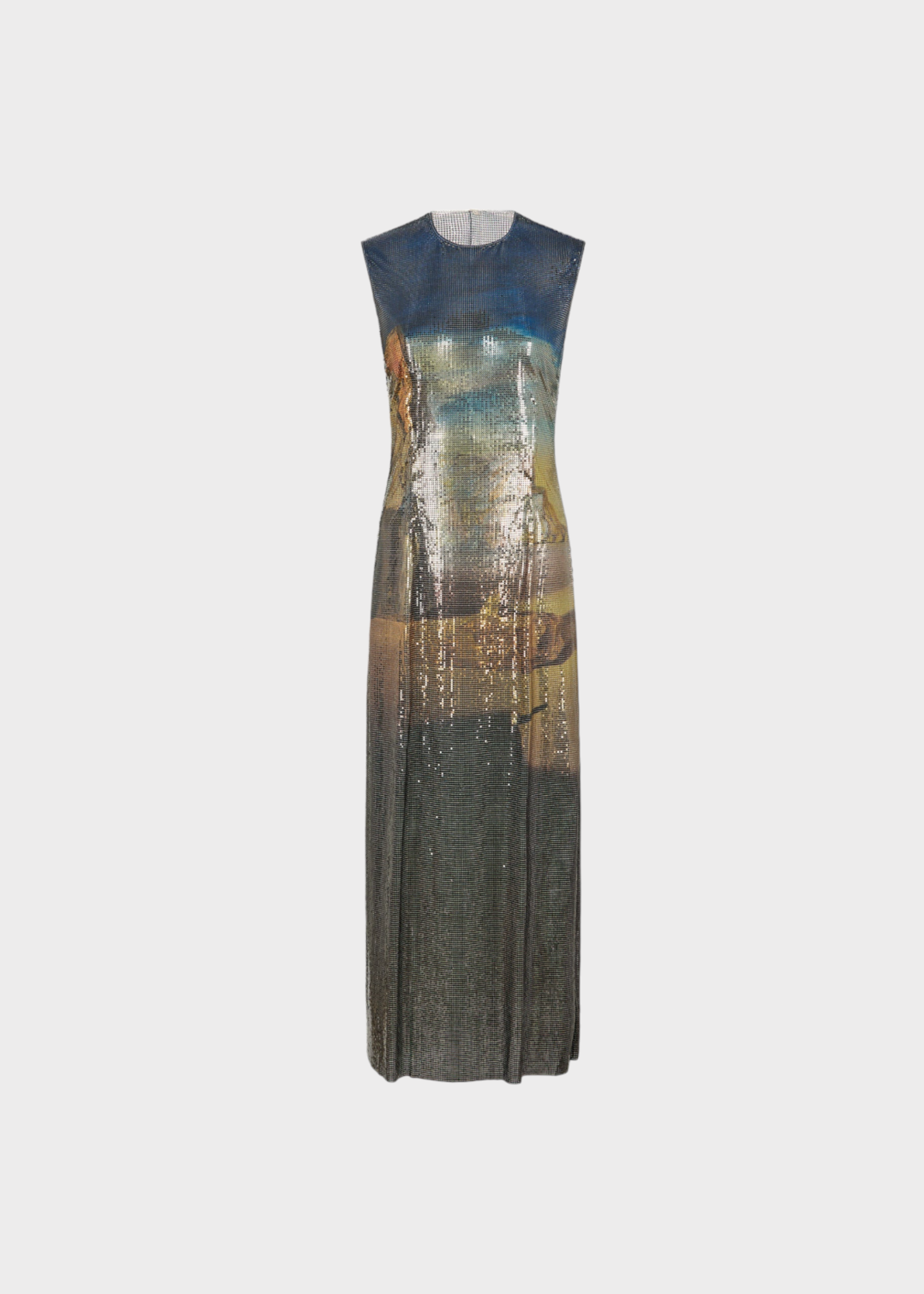 Rabanne Paco Rabanne Dress, Multi, Mesh Crew Neck Sleeveless Midi Dress in Blue w/ Dali Print