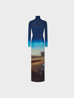 Rabanne Paco Rabanne Dress, Print, Fitted Turtle Neck Long Sleeve Long Dress in Blue & Brown w/ Dali Print