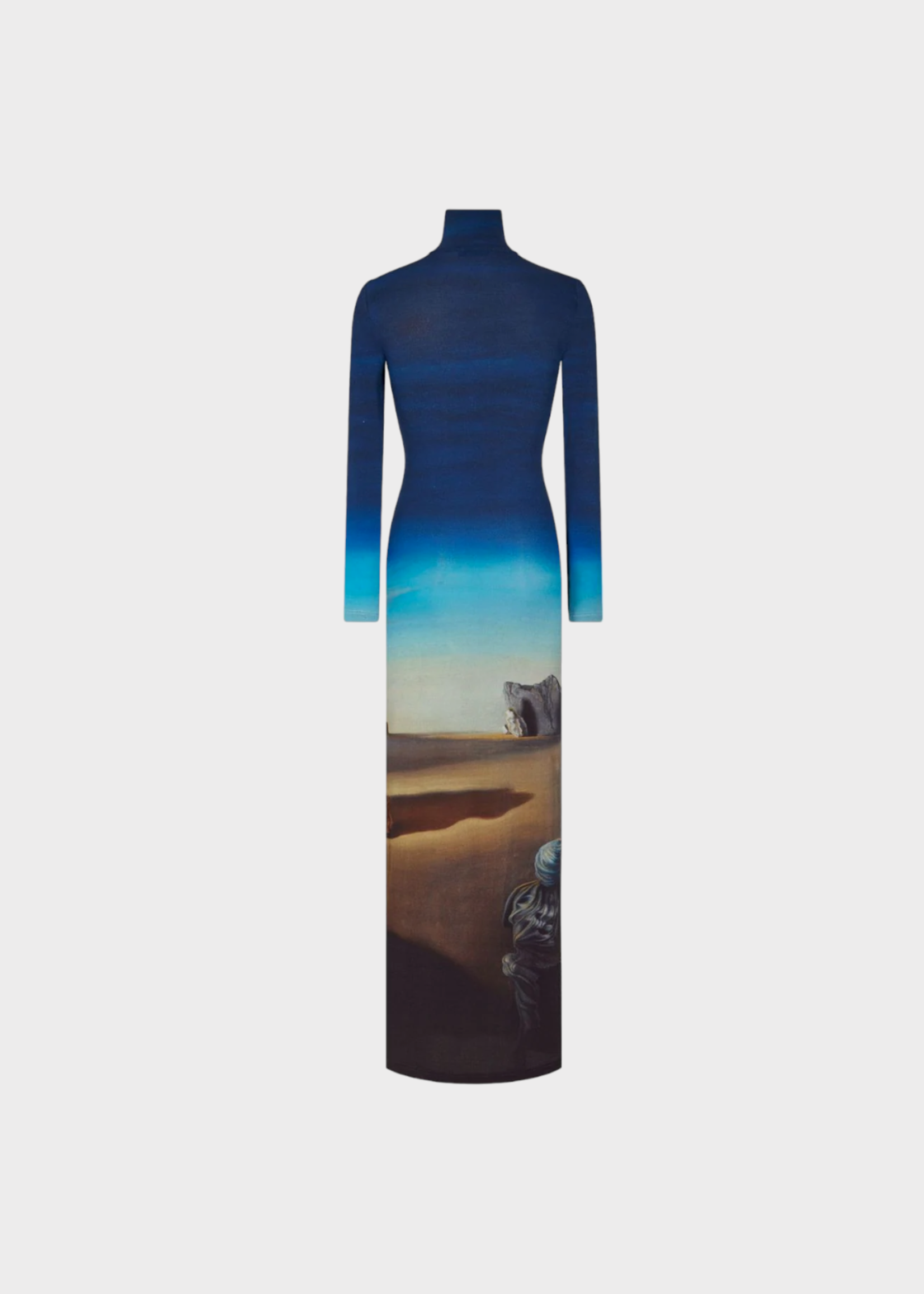 Rabanne Paco Rabanne Dress, Print, Fitted Turtle Neck Long Sleeve Long Dress in Blue & Brown w/ Dali Print