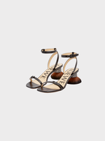 Loewe Loewe Heels, Black, Lambskin Open Toe Sandals w/ Petal Brush Heel & Rhinestones