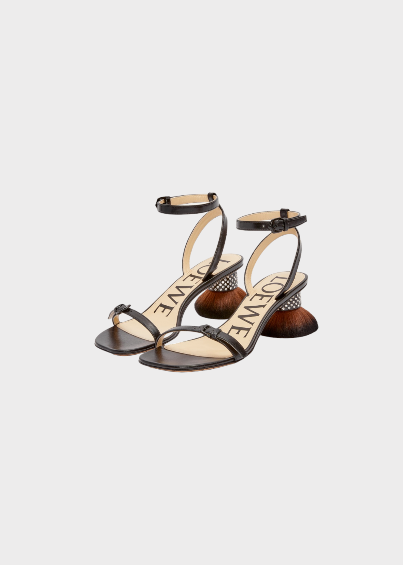 Loewe Loewe Heels, Black, Lambskin Open Toe Sandals w/ Petal Brush Heel & Rhinestones