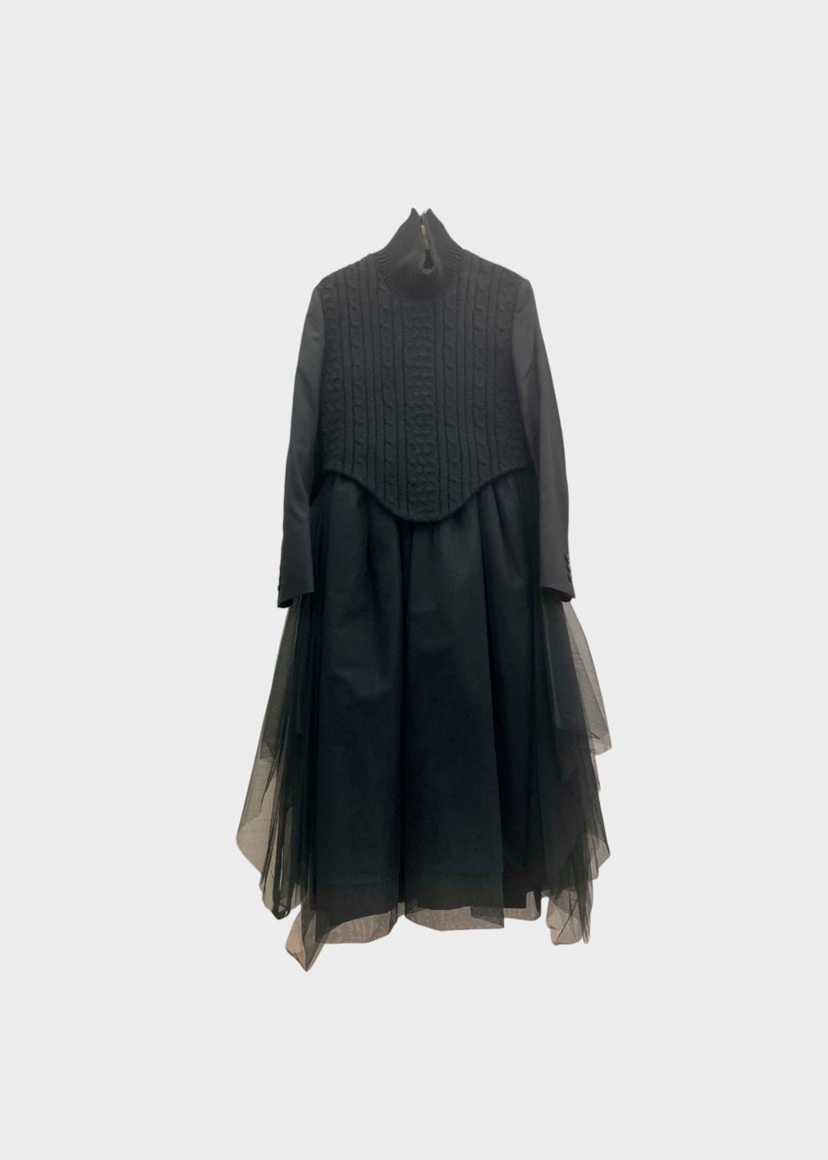 Noir Kei Ninomiya Noir Kei Ninomiya Dress, Black, Wool High Neck Long Sleeve Cable Knit Top & Layered Mesh Skirt Dress