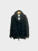 Noir Kei Ninomiya Noir Kei Ninomiya Jacket, Black, Wool Collared Single Breasted Button Up Jacket w/ Fringe Edges