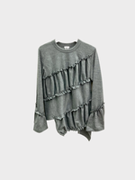 Noir Kei Ninomiya Noir Kei Ninomiya Top, Grey, Wool Crew Neck Long Sleeves Asymmetric Ruffled T-Shirt