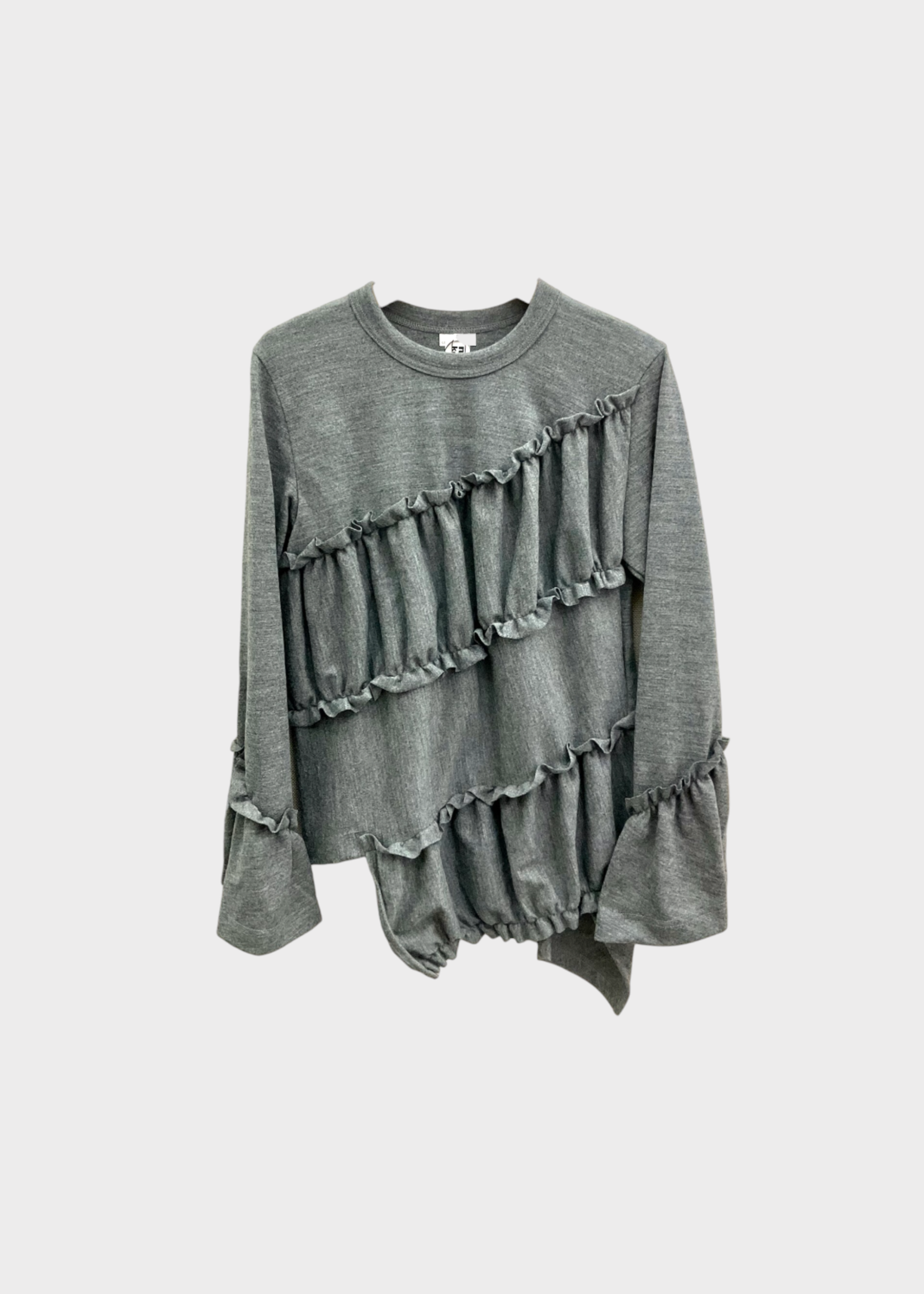 Noir Kei Ninomiya Noir Kei Ninomiya Top, Grey, Wool Crew Neck Long Sleeves Asymmetric Ruffled T-Shirt