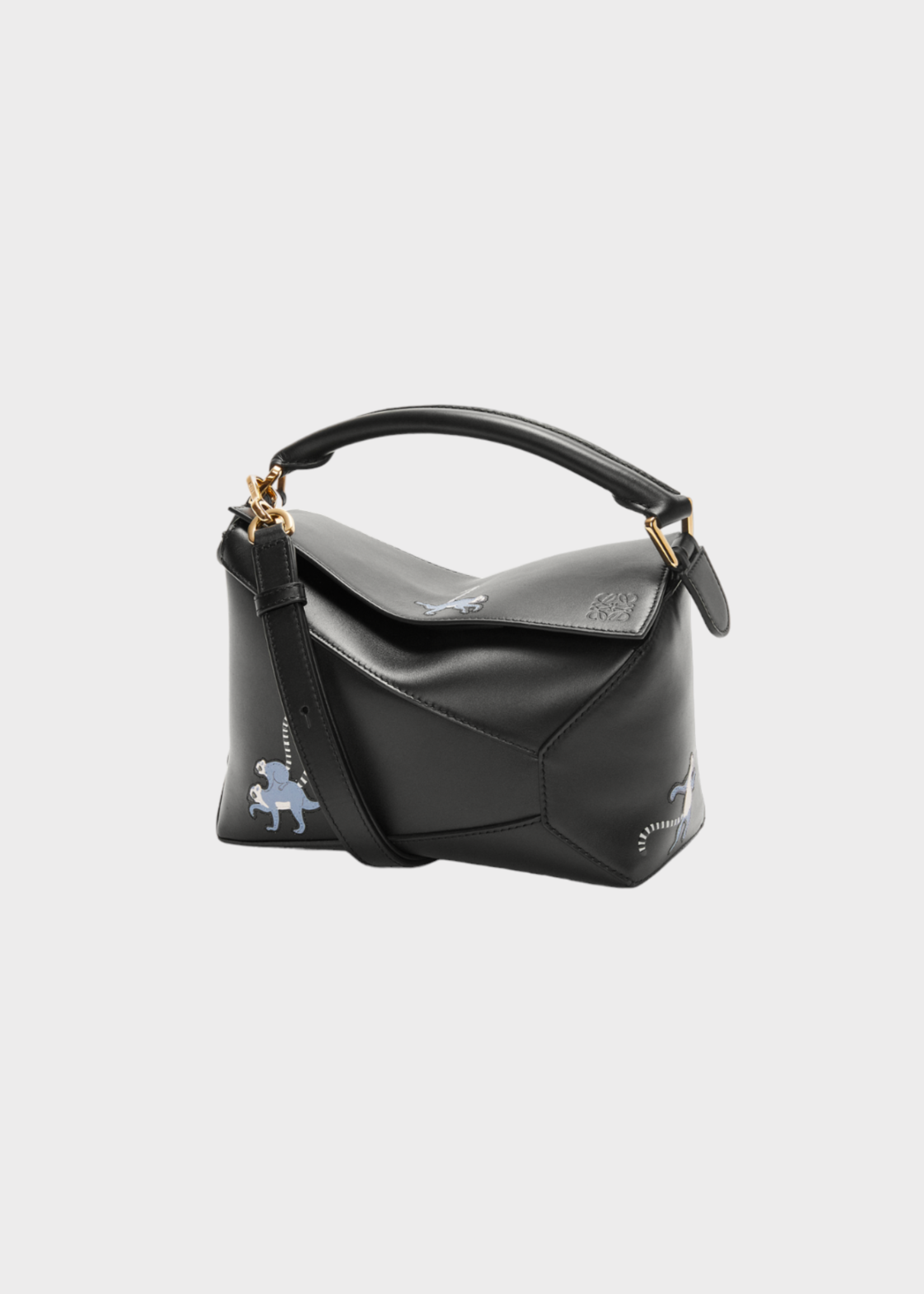 Loewe Loewe Bag, Black, Puzzle Edge Satin Calf Leather Top Handle Small Shoulder Bag In Black w/ Lemurs Print