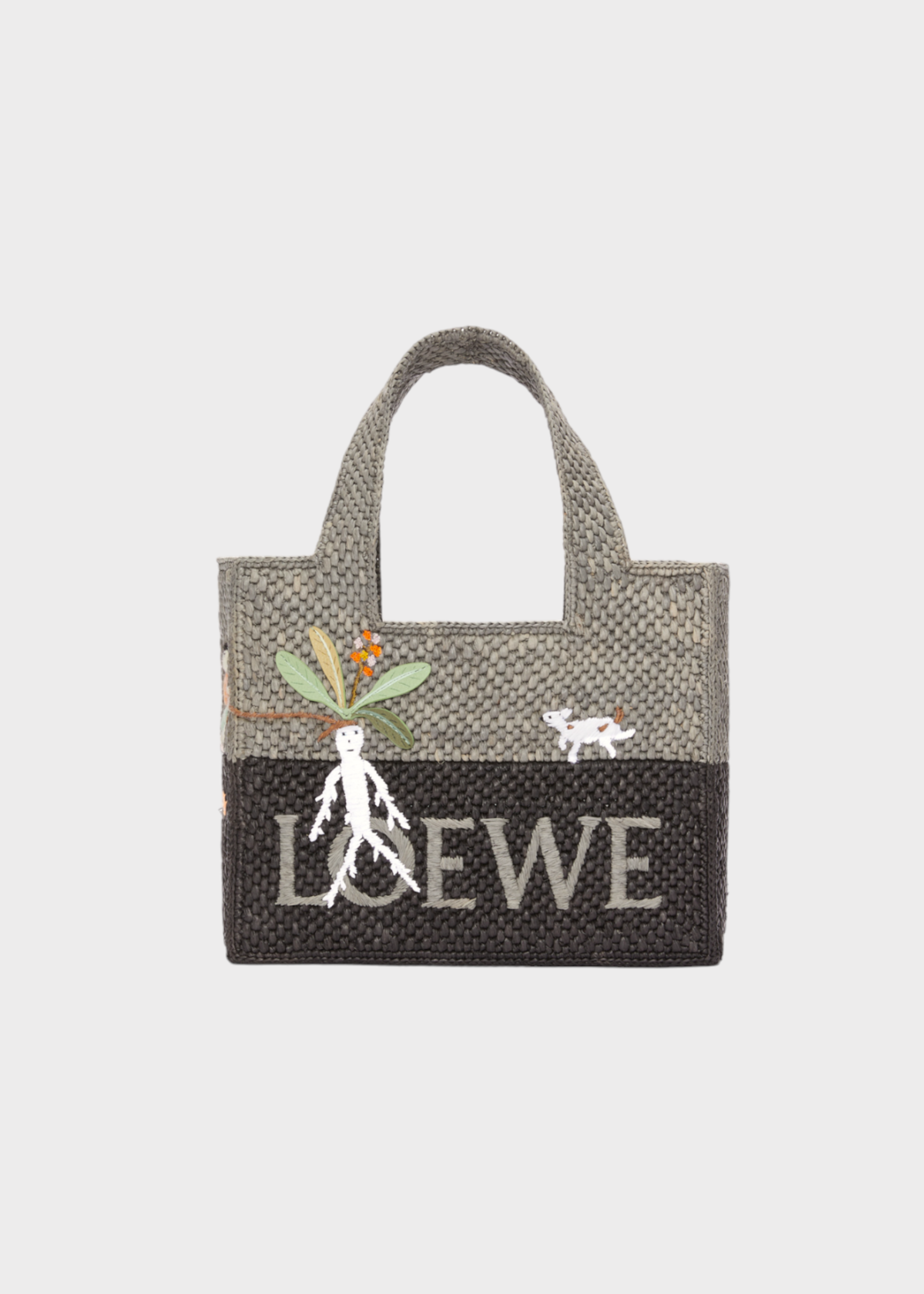 Loewe Loewe Bag, Multi, Raffia Font Top Handle Small Tote Bag In Pearl Grey & Dark Grey w/ Mandrake Print