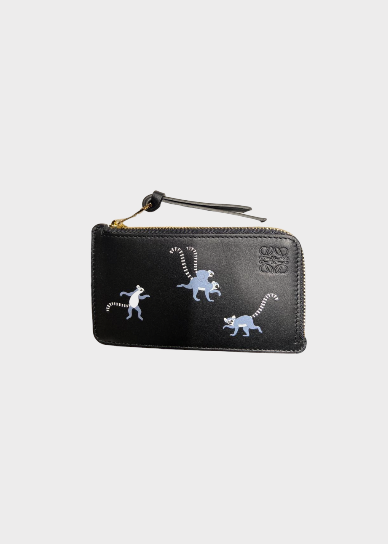 Loewe Loewe Wallet, Black, Satin Calf Leather Zipped Coin Cardholder In Black w/ Lemurs Print