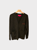 The Elder Statesman The Elder Statesman Knitwear, Grey, Cashmere V-Neck Button Up Heavy Cardigan in Charcoal w/ Red Andermatt Embroidery x TASONI Exclusive