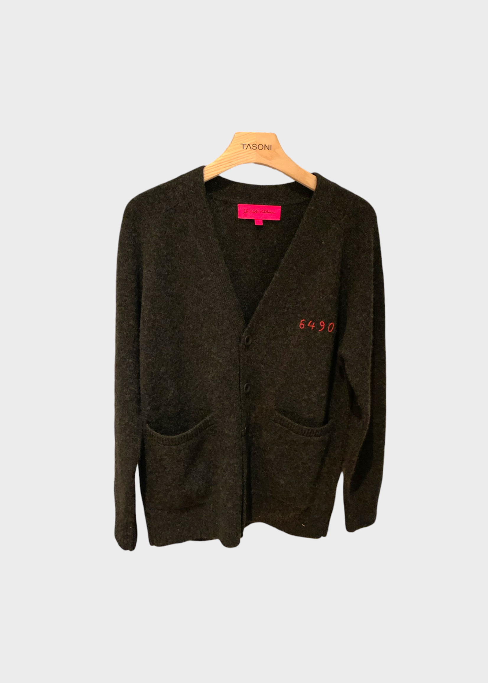 The Elder Statesman The Elder Statesman Knitwear, Grey, Cashmere V-Neck Button Up Heavy Cardigan in Charcoal w/ Red Andermatt Embroidery x TASONI Exclusive
