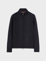 Loro Piana Loro Piana Jacket, Navy, Double Cashmere High Neck Knitted Zip Up Bomber in Blue Navy & Grey Melange