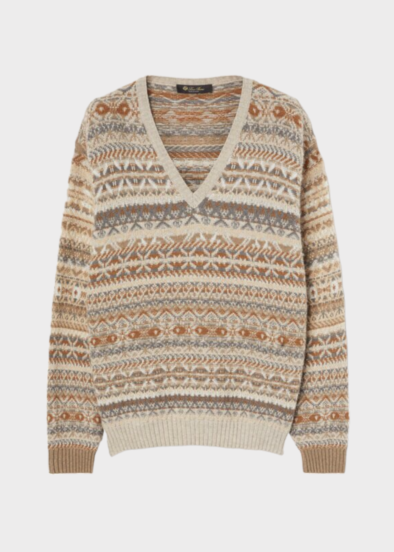 Loro Piana Loro Piana Knitwear, Multi, Kalgoorlie V-Neck Silk & Cashmere Jacquard Pattern Jumper in Fancy Natural Colour