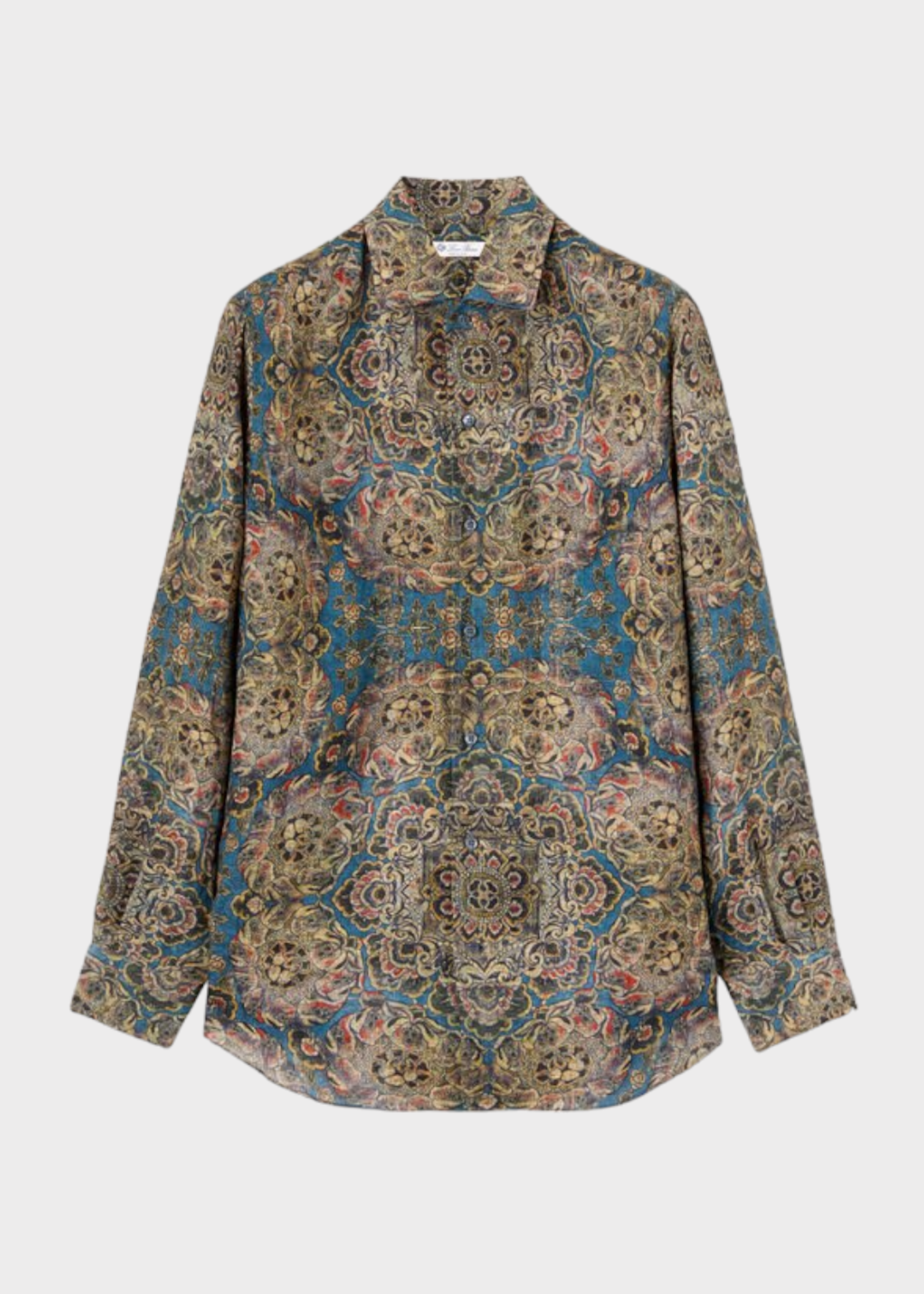 Loro Piana Loro Piana Shirt, Print, Andre Ml Arizona Collared Button Up Tapestry Bloom Shirt In Blue & Brown w/ Floral Pattern