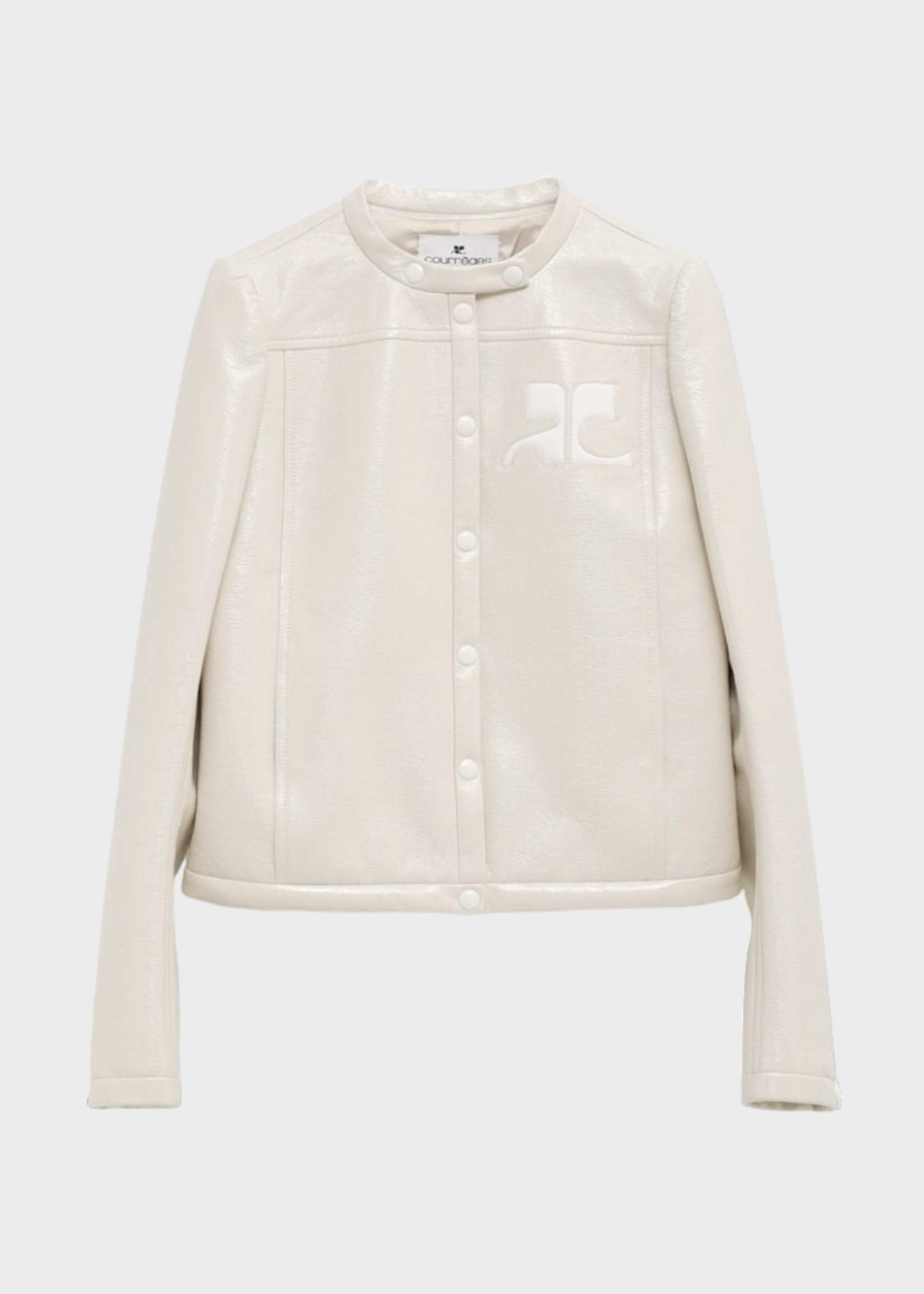 Courreges Courreges Jacket, White, Iconic Vinyl Biker Crew Neck Button Up Jacket