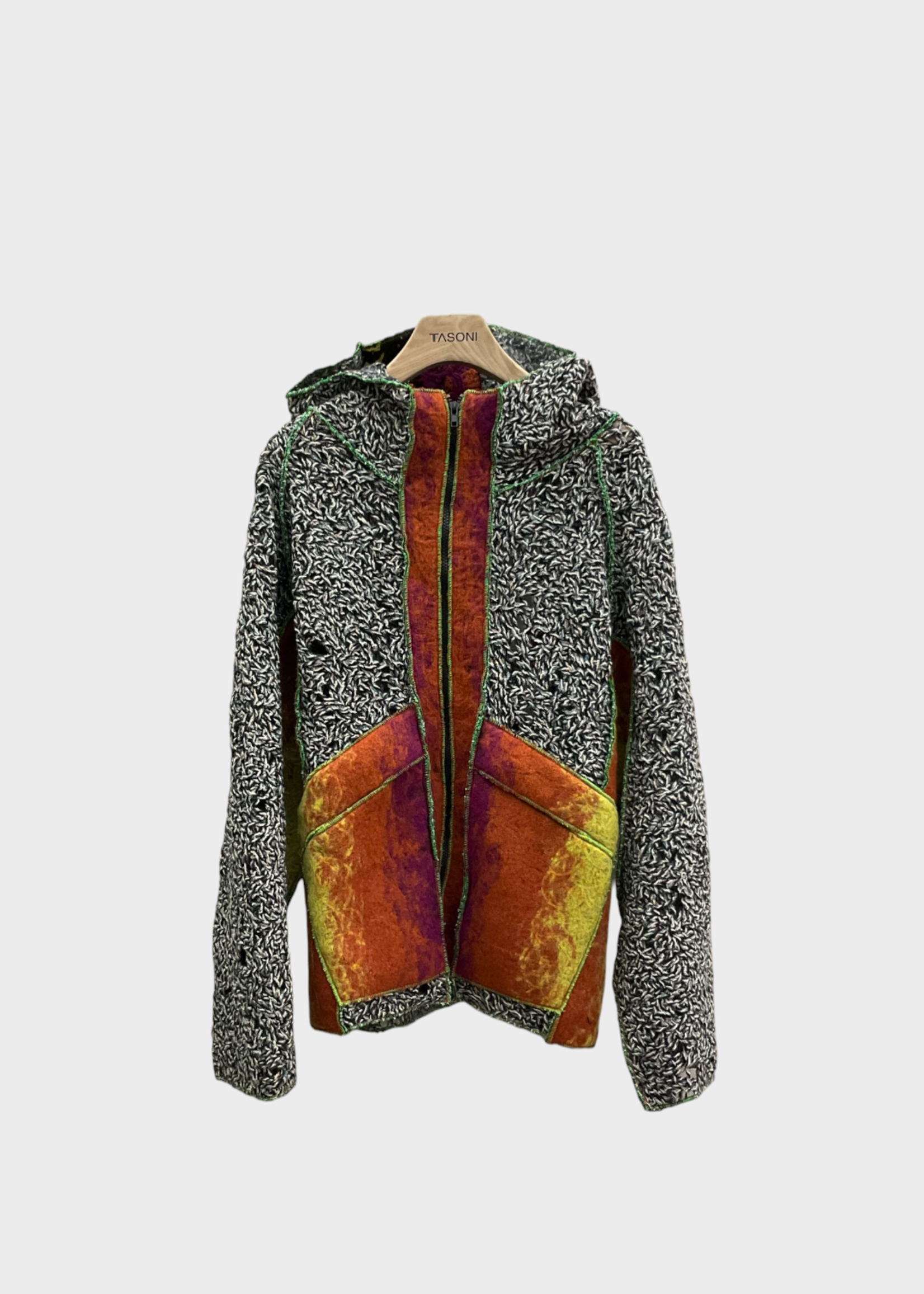 Vitelli Vitelli Knitwear, Multi, Needle Punch Zippered Maxi Mosaic Hoodie in White Orange Purple Yellow & Brown
