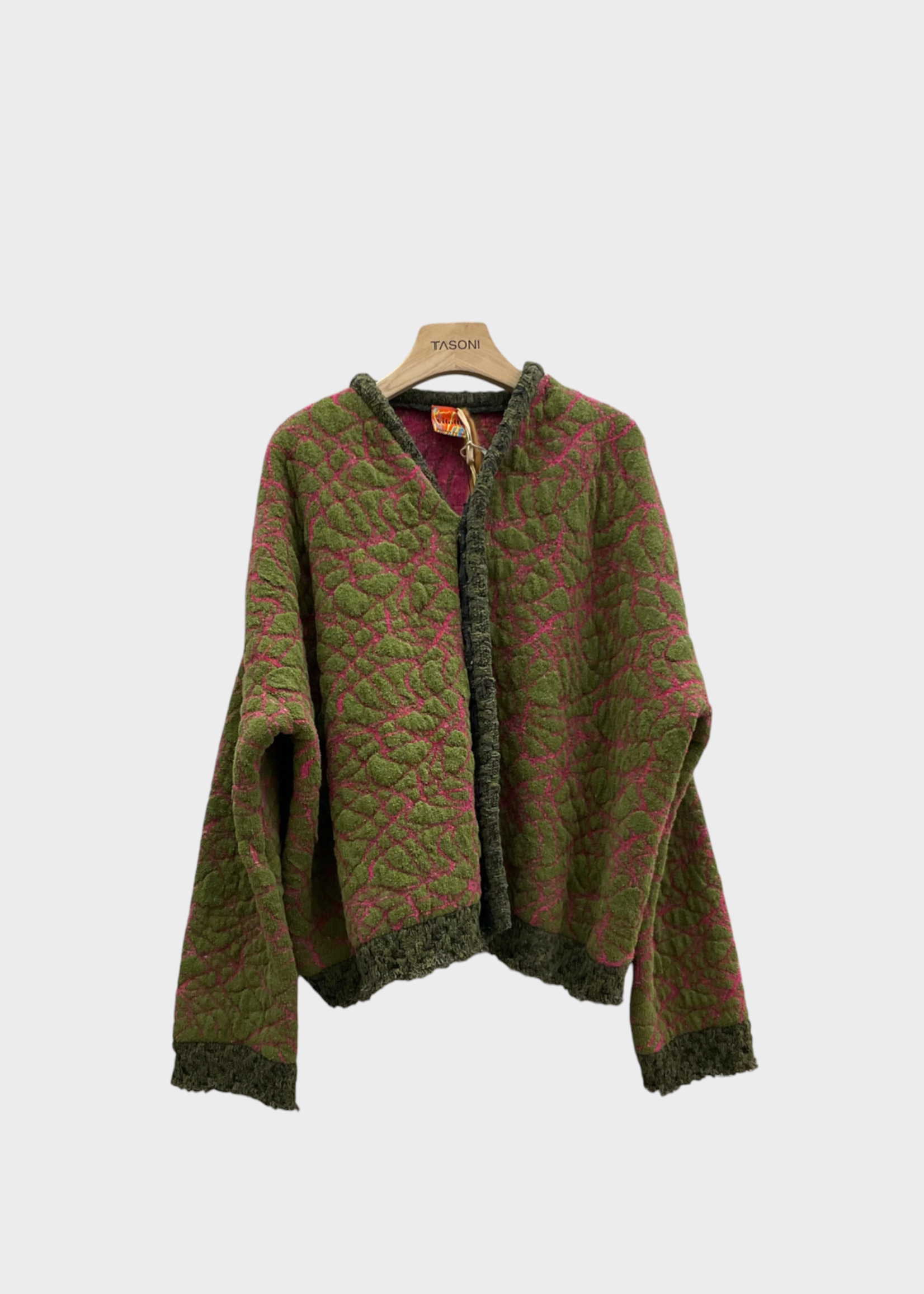 Vitelli Vitelli Knitwear, Multi, Cotton & Wool Reversible Litchen Jacquard Cardigan in Moss & Pink