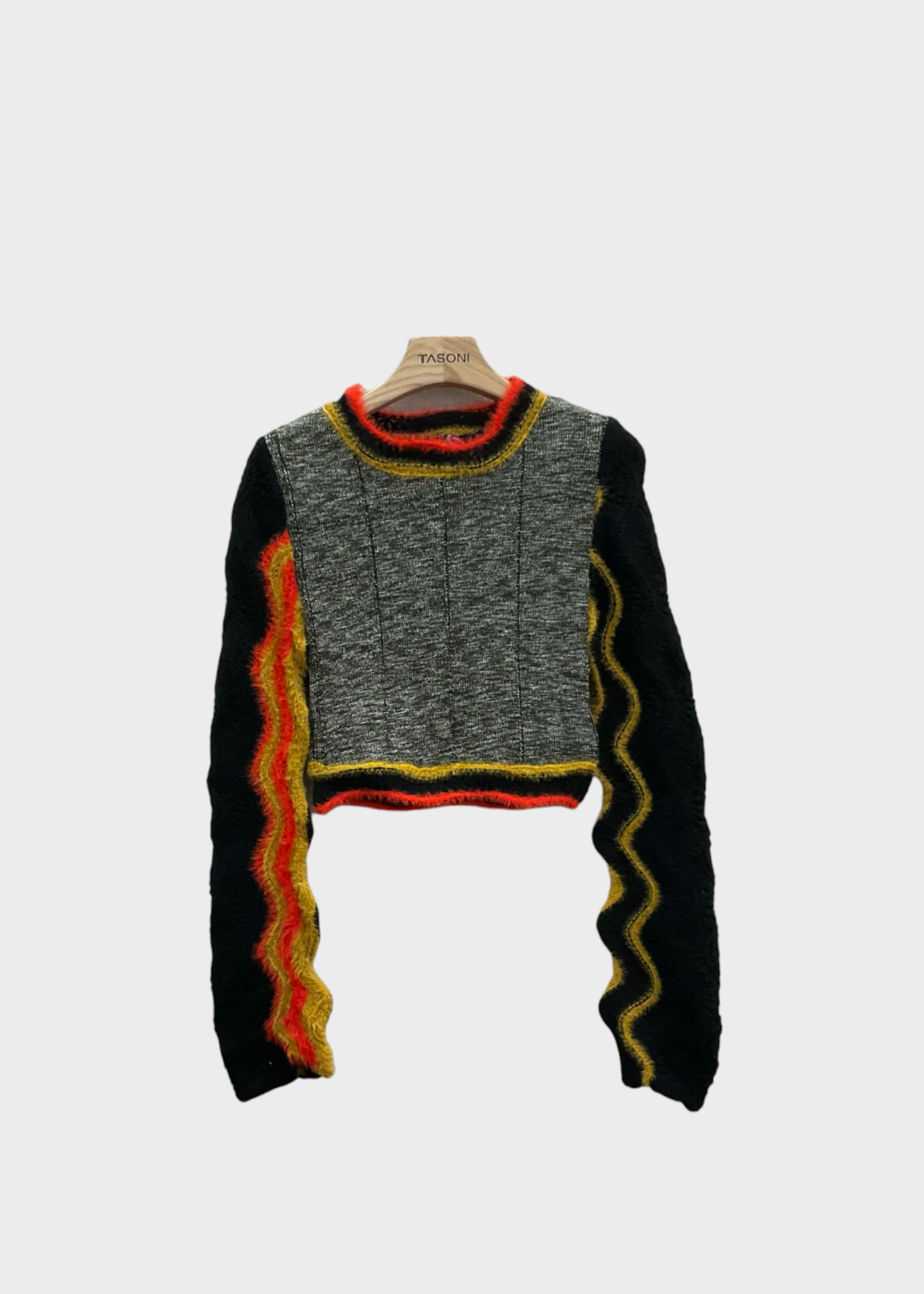 Vitelli Vitelli Knitwear, Multi, Wool Mix Crew Neck Cropped Top w/ Extra Long Peacock Sleeves