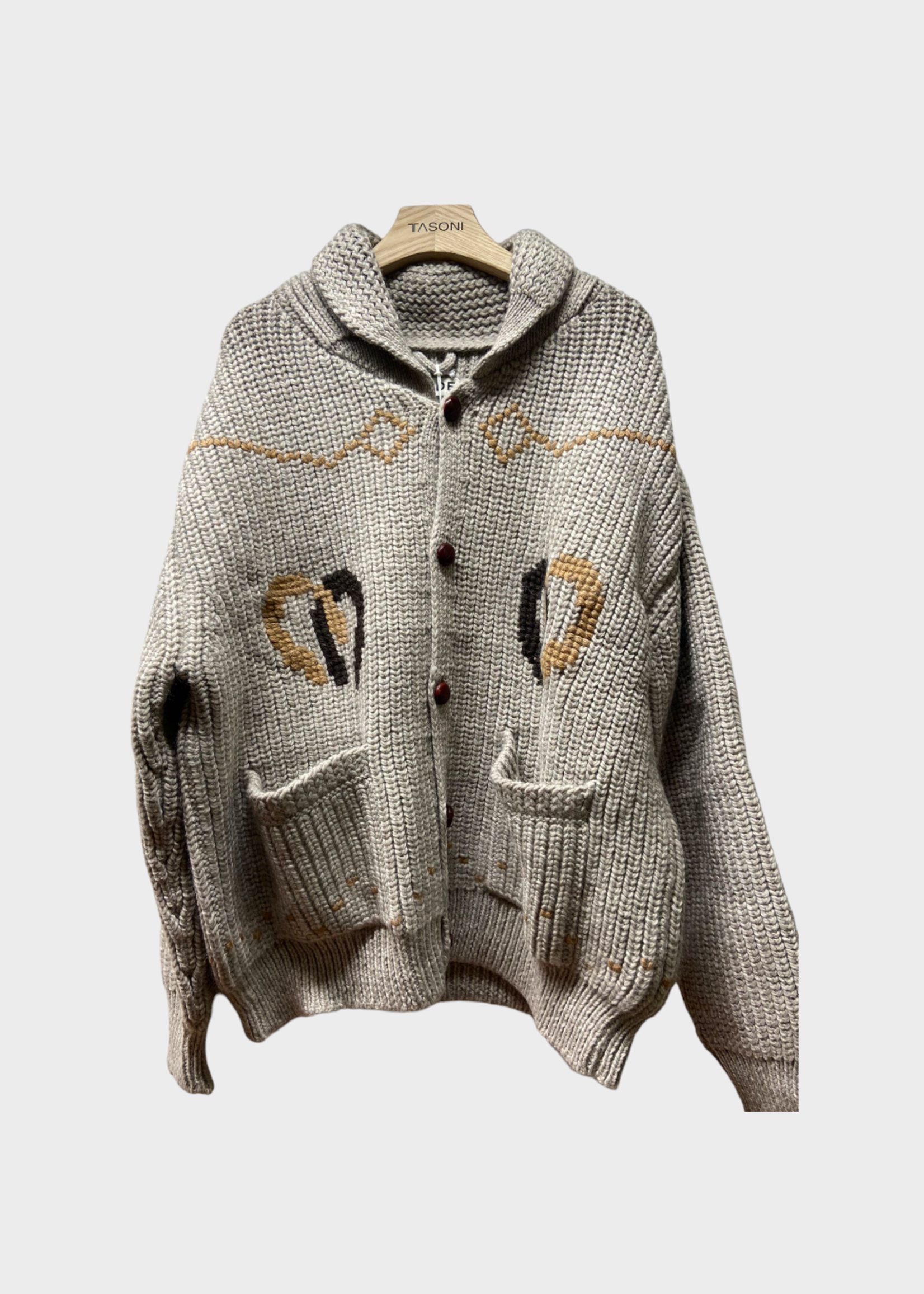 Bode Bode Knitwear, Grey, Pony Wool Collared Button Up Cardigan in Tan w/ Horseshoe