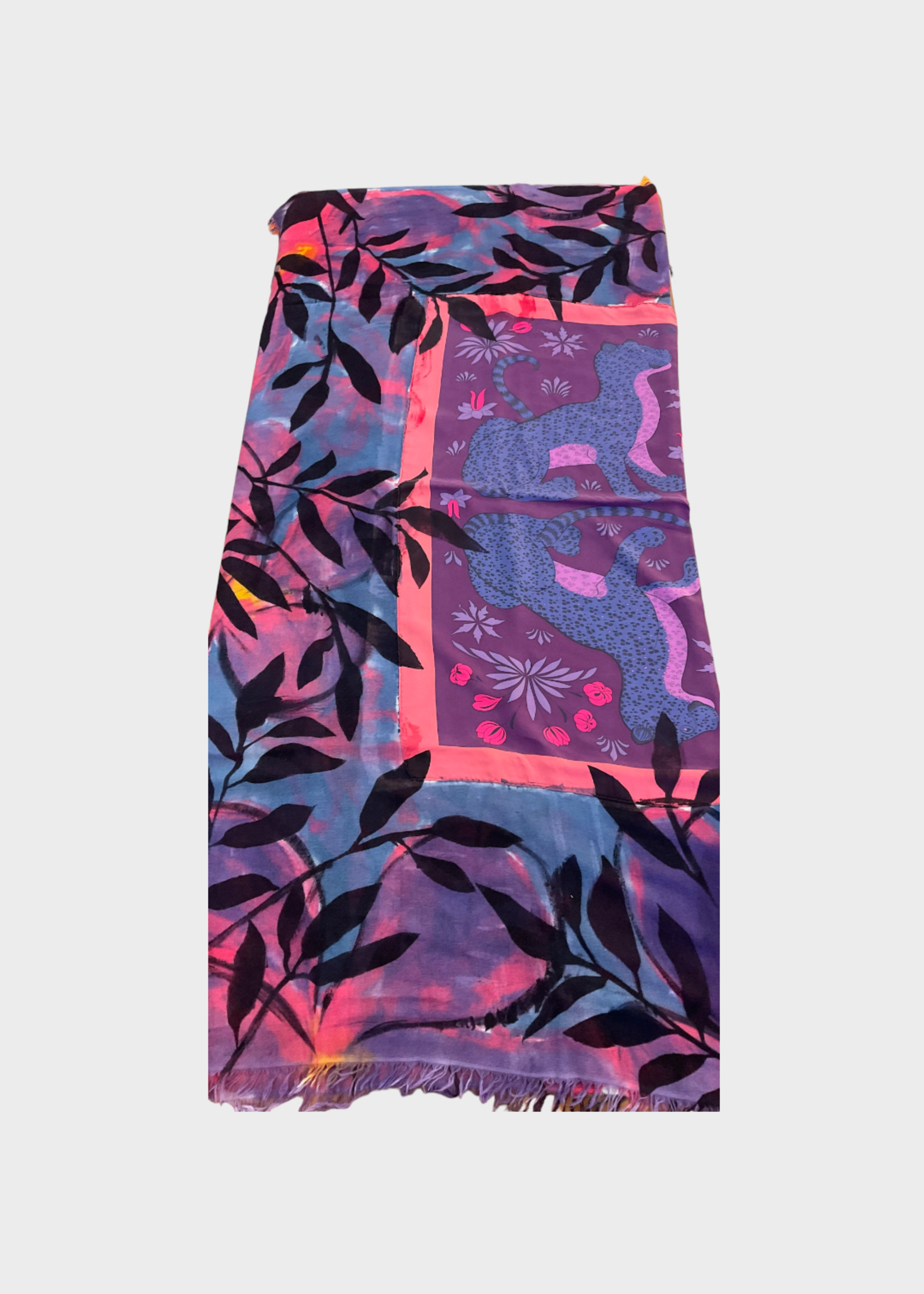 Dianora Salviati Dianora Salviati Scarf, Multi, Silk & Cashmere Hand Painted in Purple & Pink w/ Jaguar Vintage Hermes Print