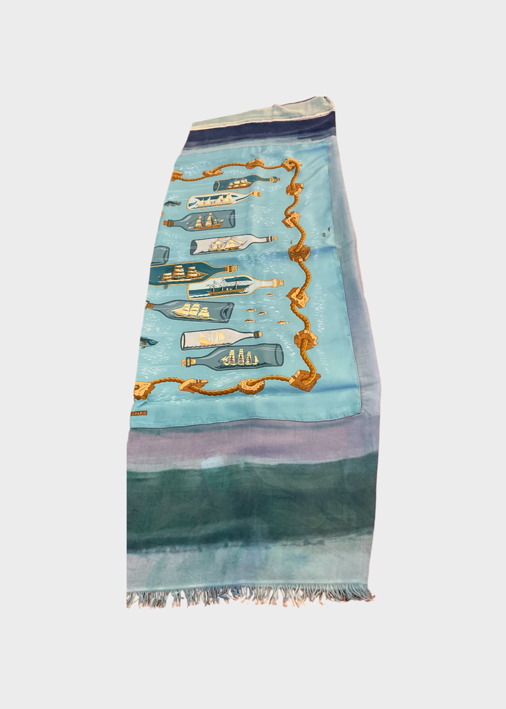 Dianora Salviati Dianora Salviati Scarf, Multi, Silk & Cashmere Hand Painted in Blue w/ Bottles Vintage Hermes Print
