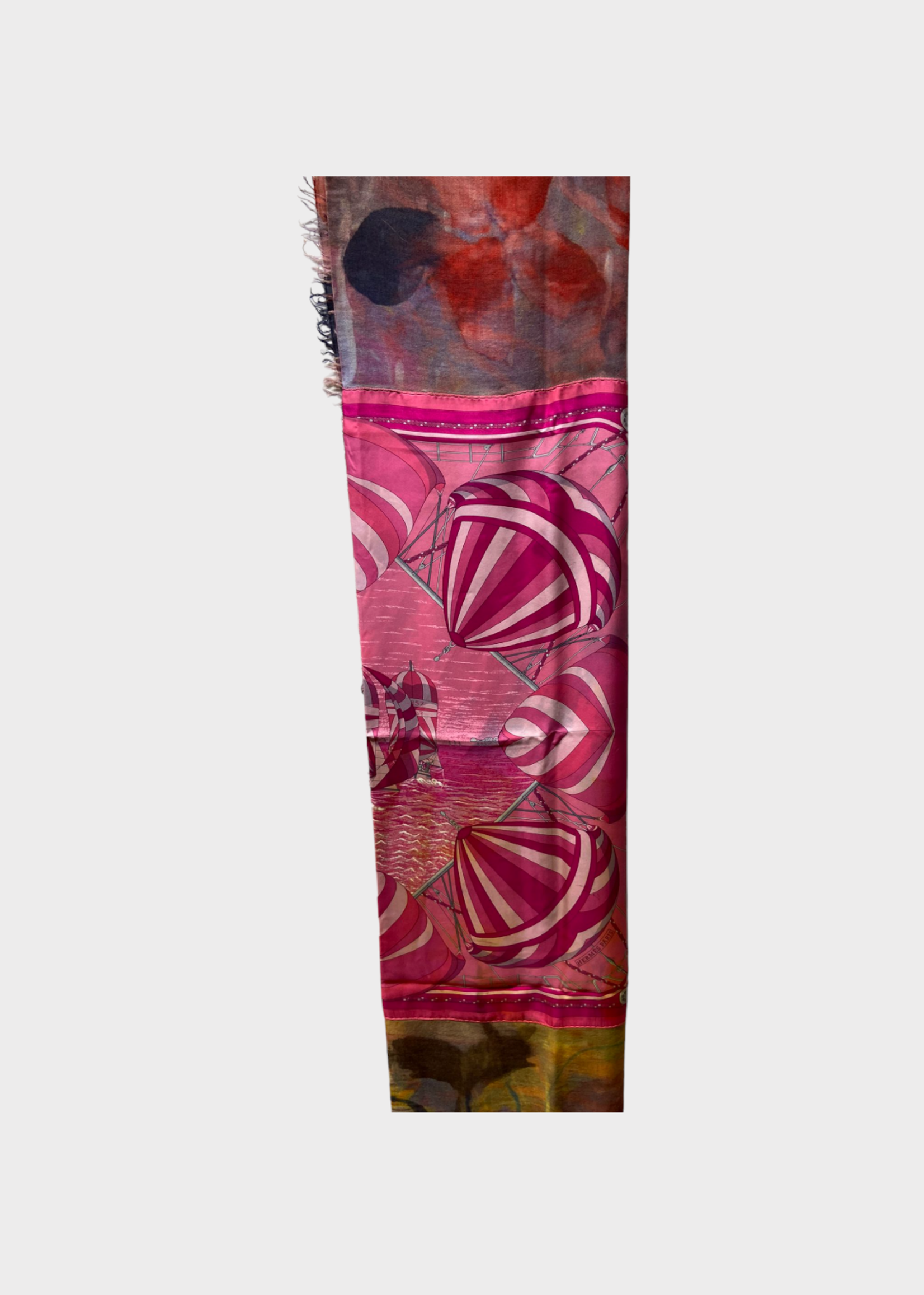 Dianora Salviati Dianora Salviati Scarf, Multi, Silk & Cashmere Hand Painted in Pink w/ Air Balloon Vintage Hermes Print