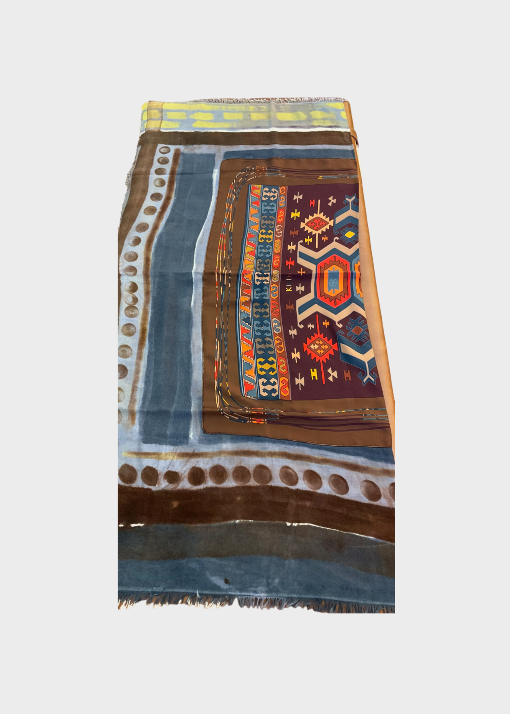 Dianora Salviati Dianora Salviati Scarf, Multi, Silk & Cashmere Hand Painted in Brown w/ Geometric Pattern Vintage Hermes Print