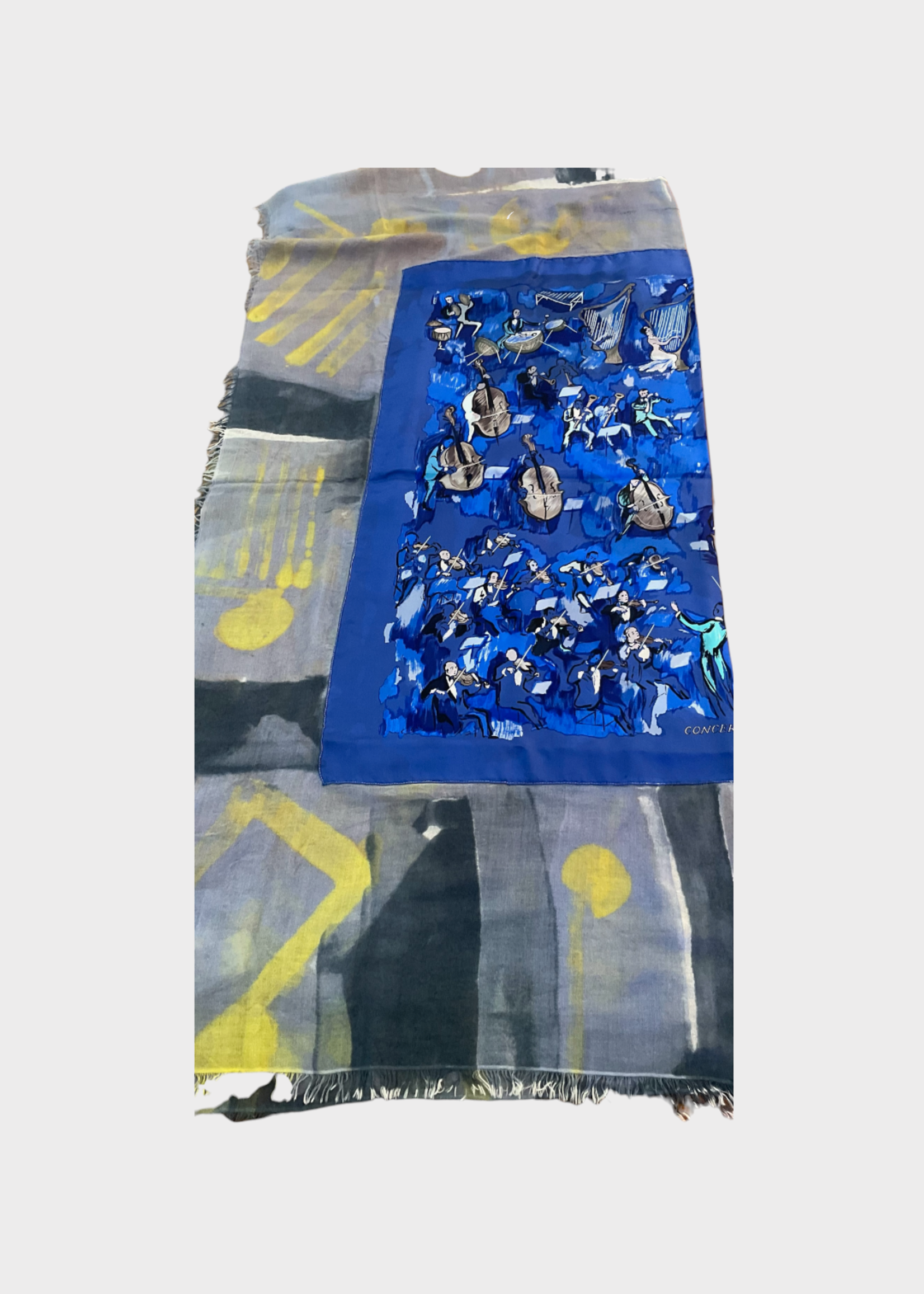 Dianora Salviati Dianora Salviati Scarf, Multi, Silk & Cashmere Hand Painted in Blue w/ Musicians Vintage Hermes Print