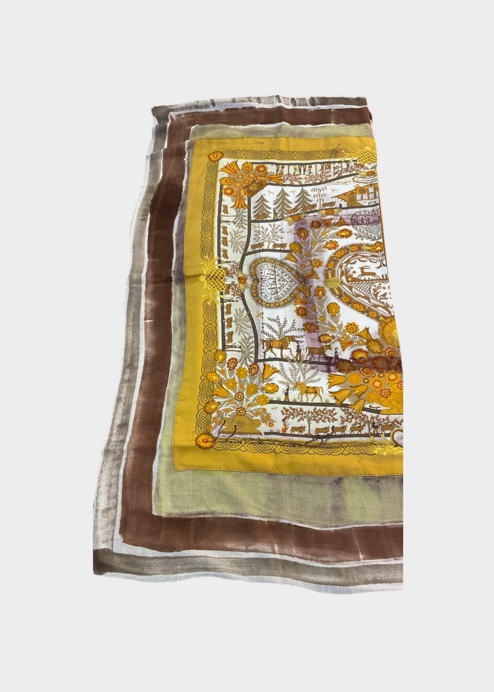 Dianora Salviati Dianora Salviati Scarf, Multi, Silk & Cashmere Hand Painted in Yellow w/ Winter Vintage Hermes Print