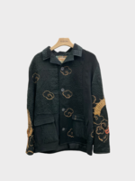 By Walid By Walid Jacket, Multi, Noah  Silk & Wool Collared Button Up Single Breasted Jacket in Black & Grey w/ Dragon Embroidery