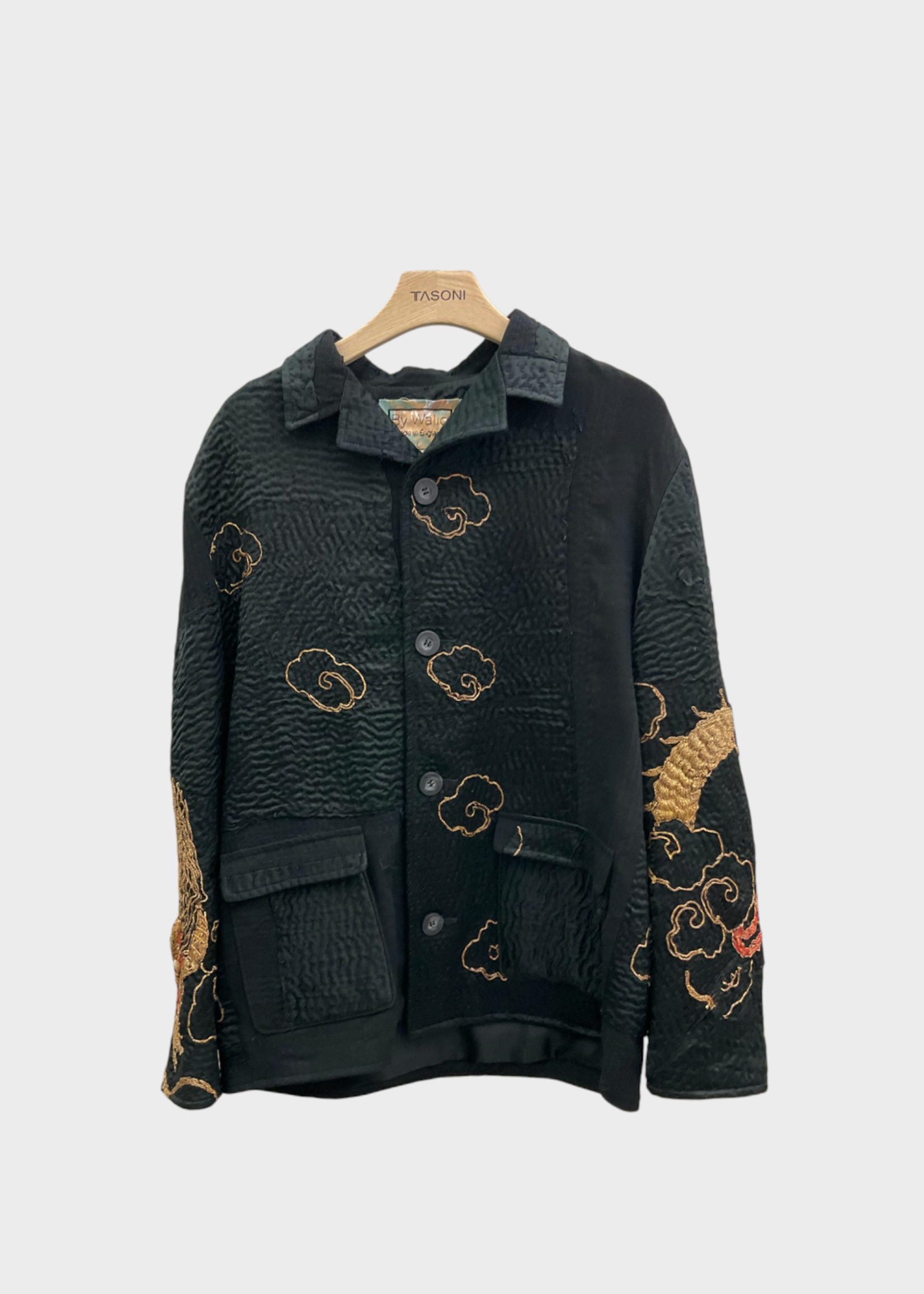 By Walid By Walid Jacket, Multi, Noah  Silk & Wool Collared Button Up Single Breasted Jacket in Black & Grey w/ Dragon Embroidery