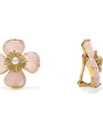 Goossens Goossens Earrings, Pink, Trefle Clip 24Kt Gold Plated Brass Trefle Clip Earrings w/ Pink Quartz Stones & Fresh Water Pearl