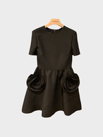 Valentino Valentino Dress, Black, Virgin Wool & Silk Crepe Couture Crew Neck Short Sleeve Solid Mini Dress In Nero w/ Rose Application