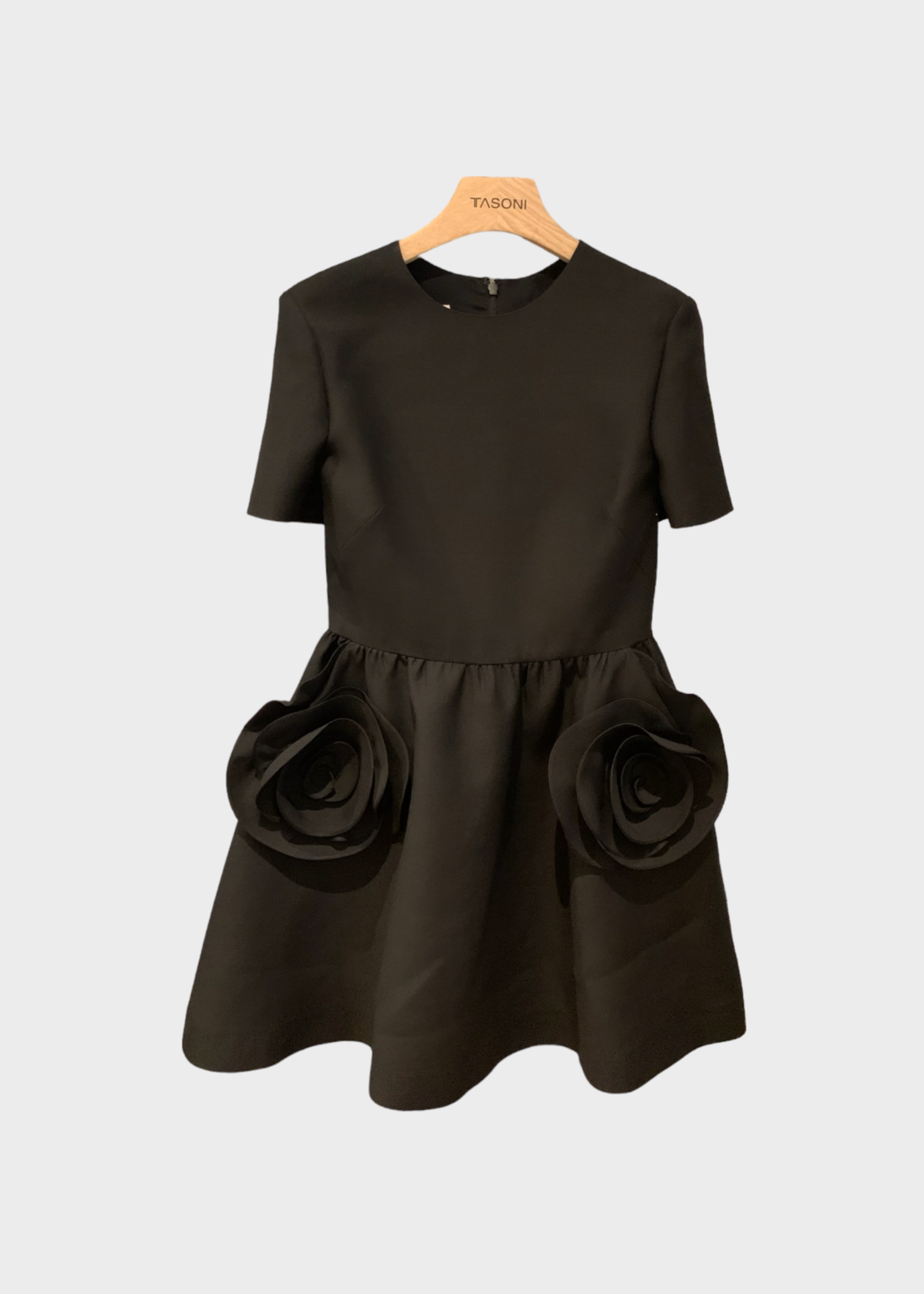 Valentino Valentino Dress, Black, Virgin Wool & Silk Crepe Couture Crew Neck Short Sleeve Solid Mini Dress In Nero w/ Rose Application