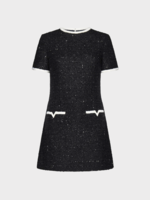 Valentino Valentino Dress, Multi, Crew Neck Short Dress Glaze Tweed Mini Dress In Lurex Black & Ivory w/ V Detail