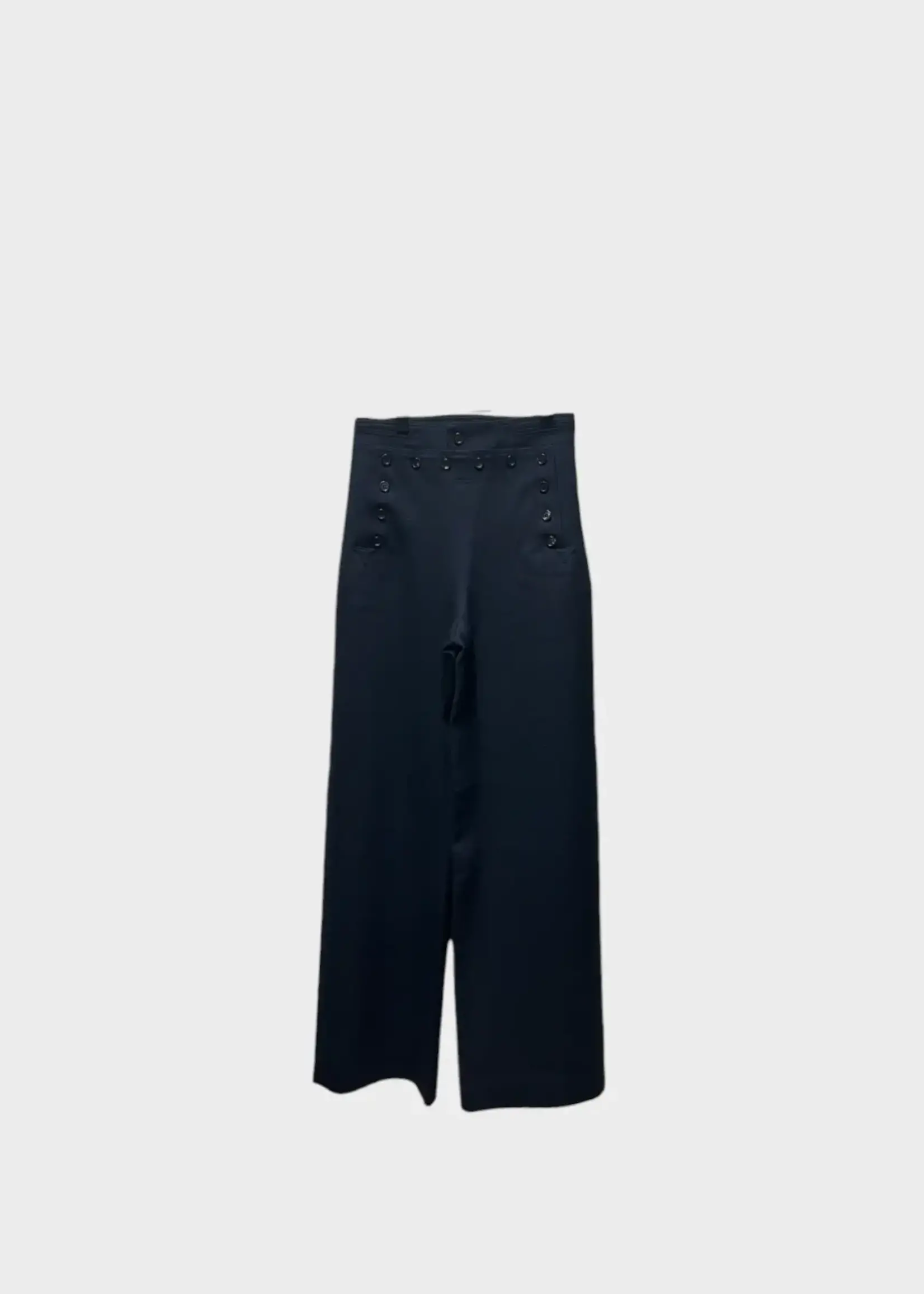 Bode Bode Trousers, Blue, Sailor Wool Wide Leg Pants in Midnight w/ Front Buttons
