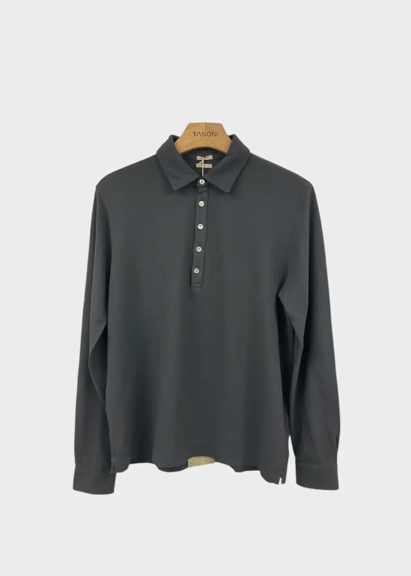 Massimo Alba Massimo Alba Polo, Grey, Cotton Collared Long Sleeve Button Up T-Shirt in Carbon w/ Mother of Pearls Buttons
