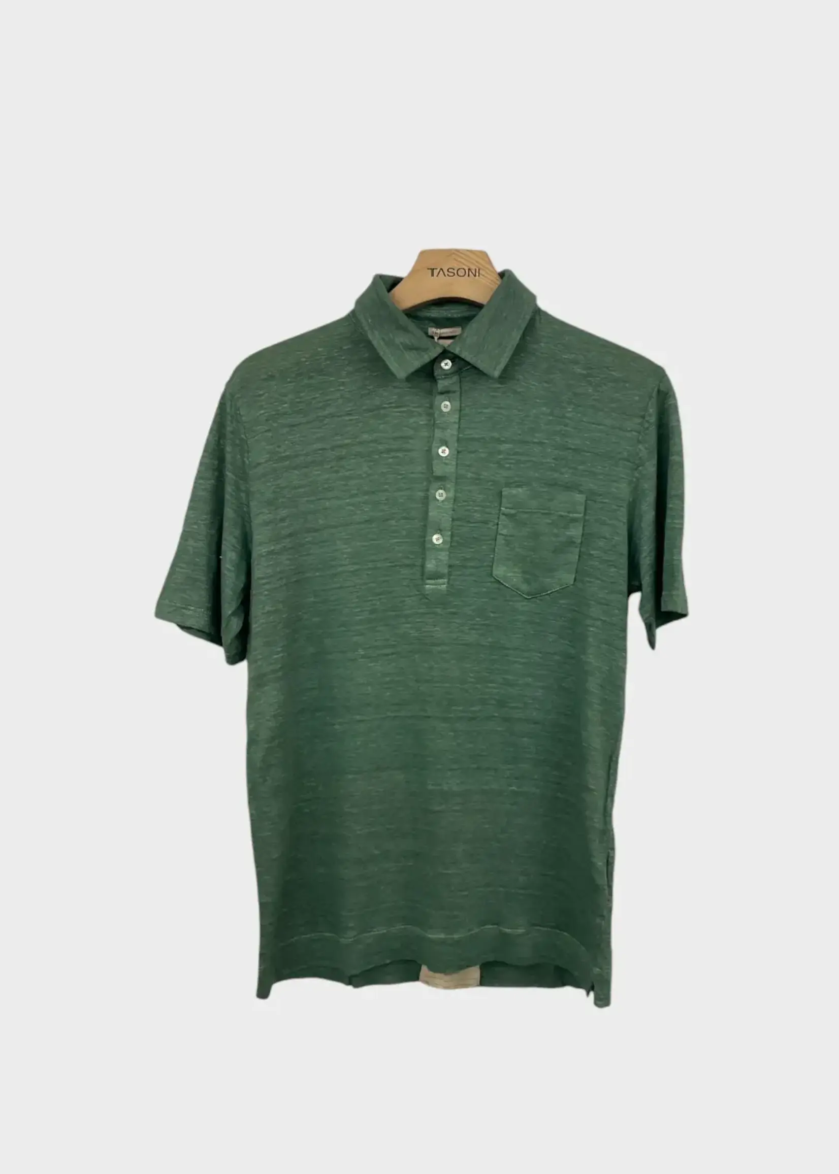 Massimo Alba Massimo Alba Polo, Green, Linen Collared Short Sleeve Button Up T-Shirt in Eucalyptus w/ Chest Pocket