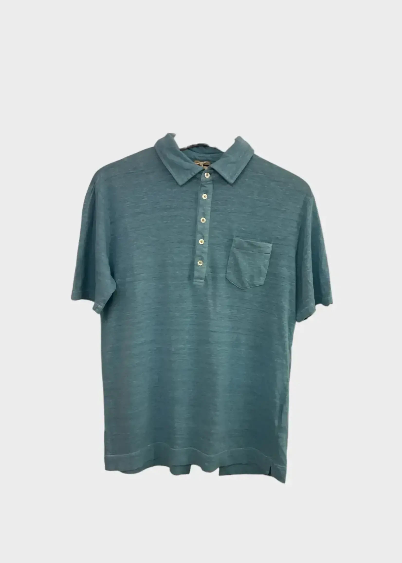 Massimo Alba Massimo Alba Polo, Blue, Linen Collared Short Sleeve Button Up T-Shirt in Light Blue w/ Chest Pocket