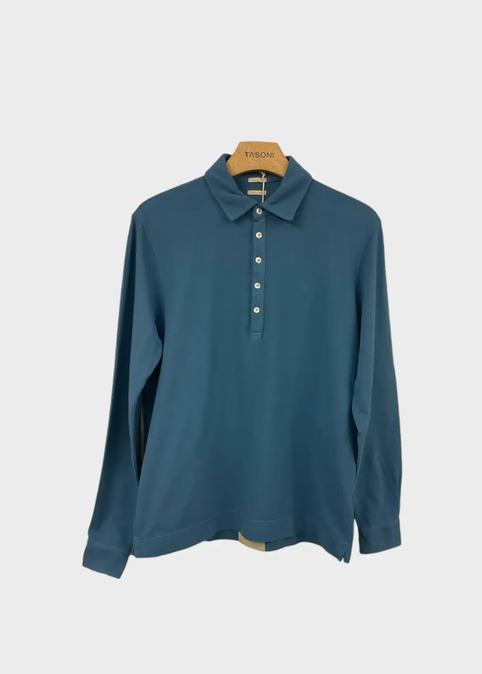 Massimo Alba Massimo Alba Polo, Blue, Cotton Collared Long Sleeve Button Up T-Shirt in Azure Blue w/ Mother of Pearls Buttons